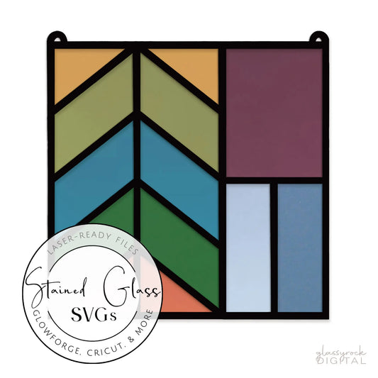 The vibrant geometric faux stained glass design has a green and blue herringbone pattern on the left and purple, pink, and white rectangles on the right. Its labeled Stained Glass Square Suncatcher SVGs, ideal for your next Glowforge project.