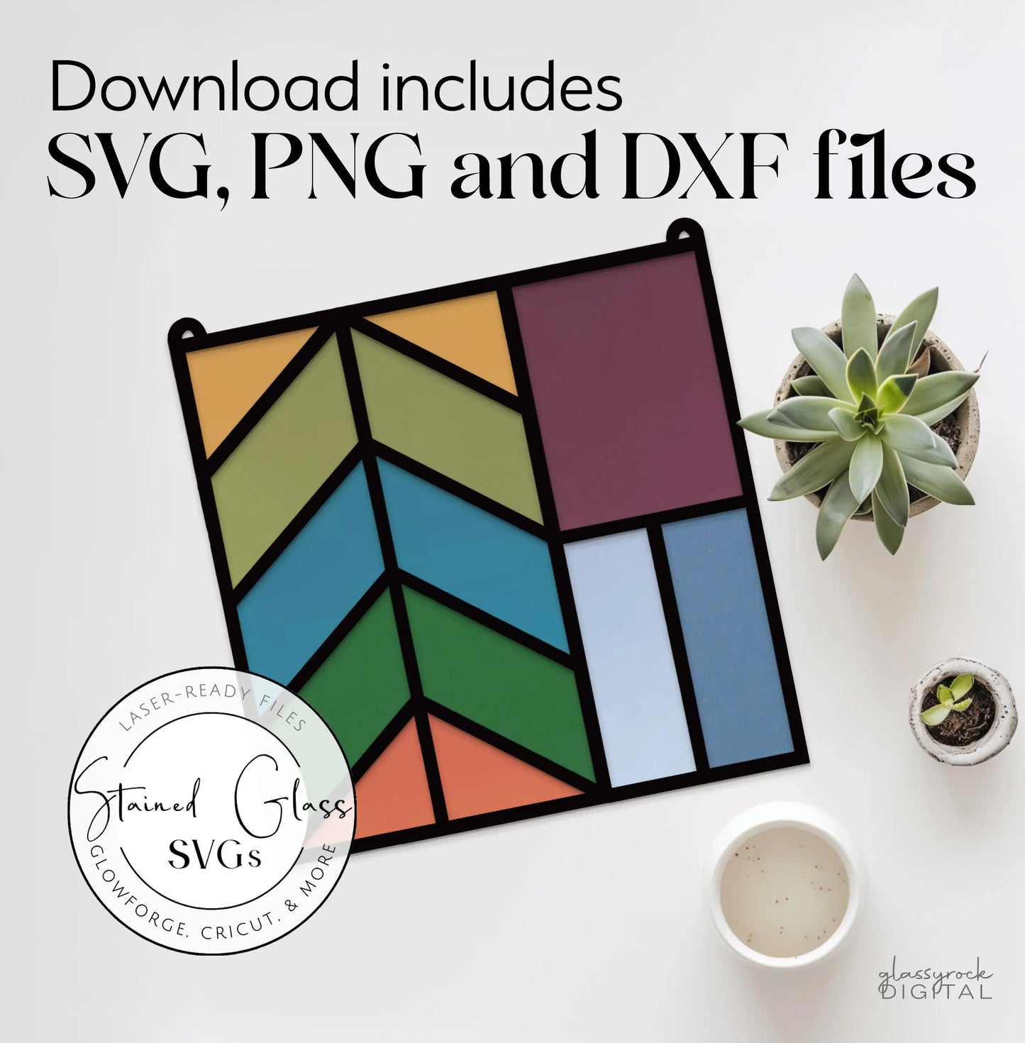 A vibrant faux stained glass design featuring geometric shapes is displayed alongside a plant and cup. The text at the top states, Download includes SVG, PNG, and DXF files. Perfect for Glowforge projects. Product: Stained Glass Square Suncatcher SVGs.
