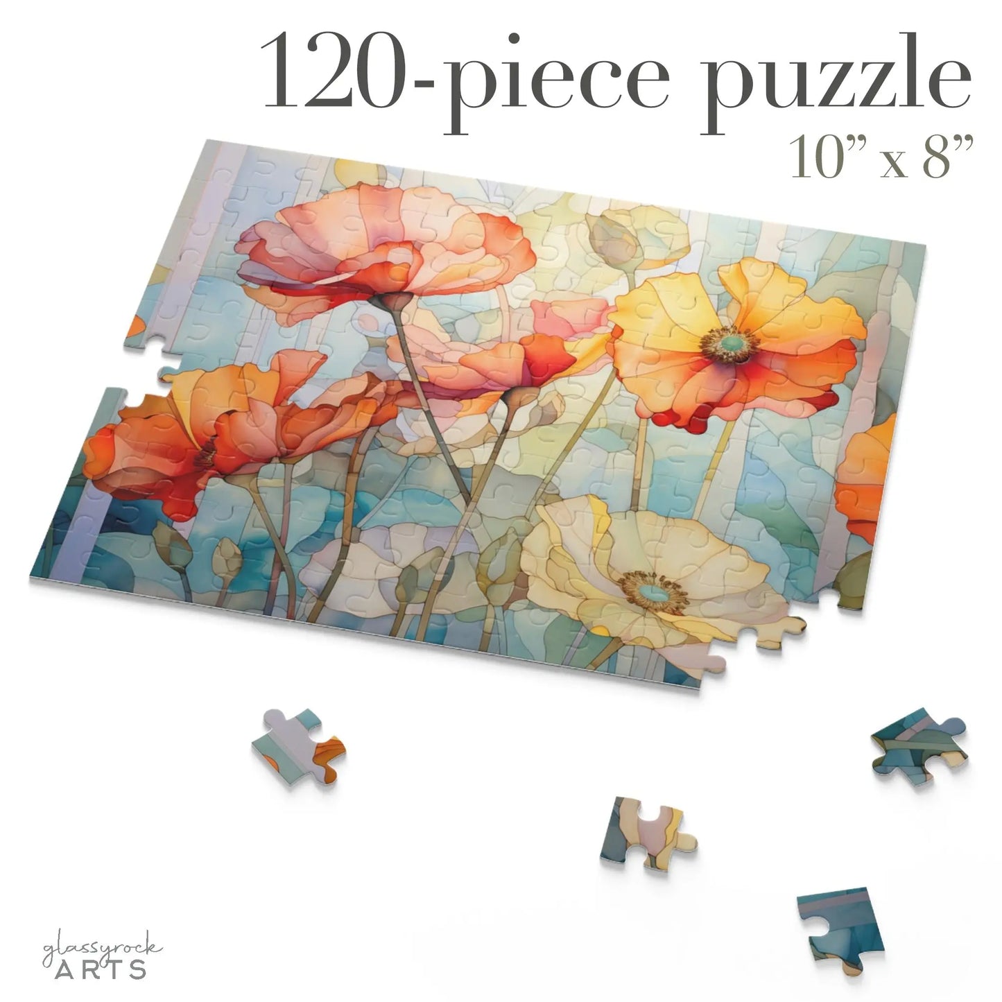 A mostly completed Watercolor Poppies Jigsaw Puzzle, with 120 pieces and measuring 10x8 inches, displays vibrant floral watercolor poppies. A few pieces are scattered nearby. 120-piece puzzle 10 x 8 is at the top, and glassrock ARTS logo is at the bottom. Ideal for puzzle lovers or as an art gift.
