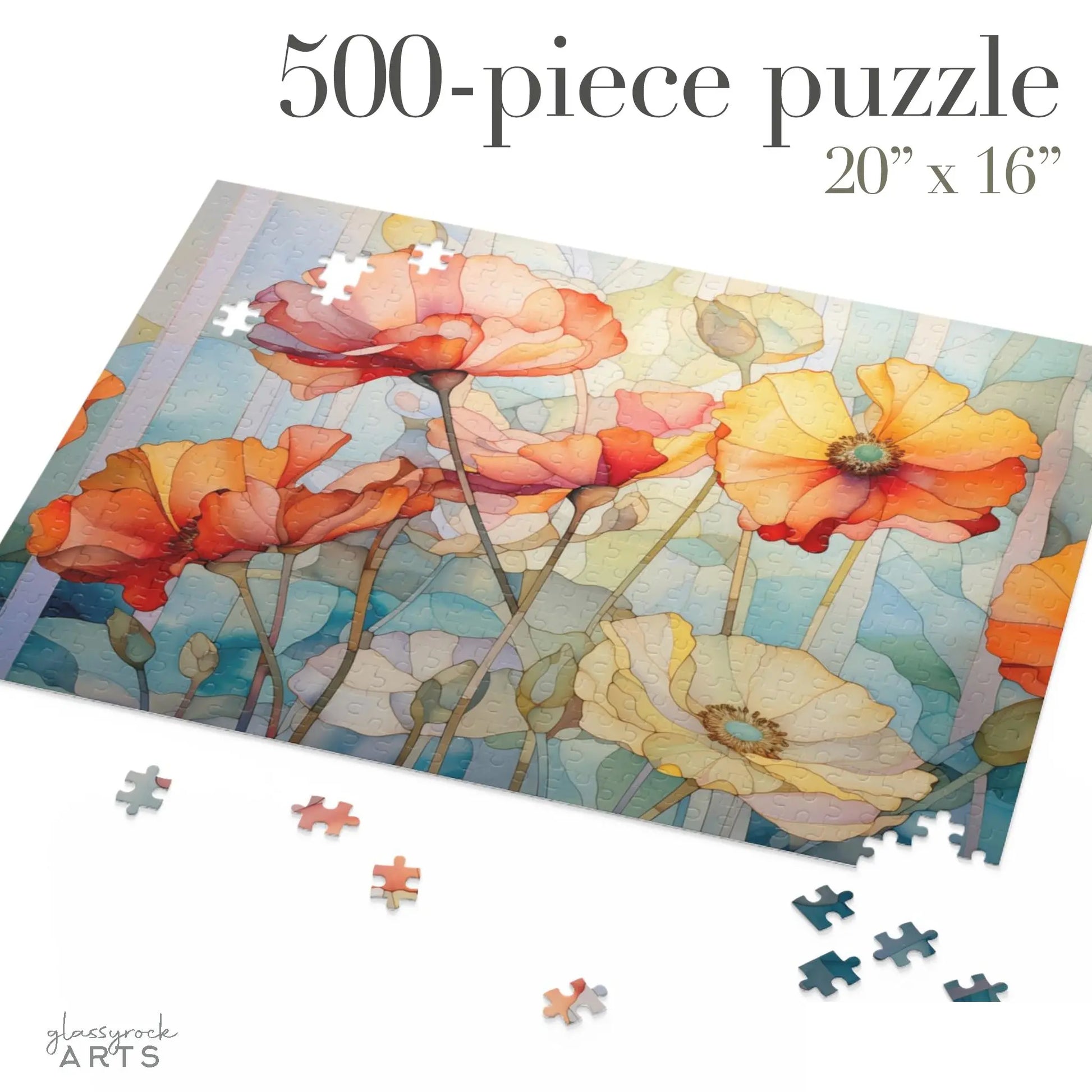 The Watercolor Poppies Jigsaw Puzzle features vibrant orange and yellow blooms against a blue and green background. With 500 pieces, its a perfect art gift at 20 x 16. Loose pieces scattered around entice puzzle lovers.
