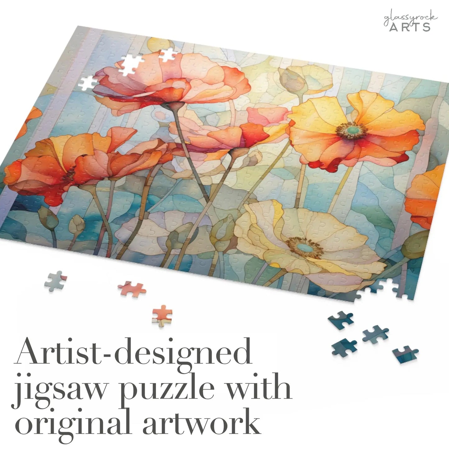 The Watercolor Poppies Jigsaw Puzzle features vibrant red, orange, and yellow poppies on a blue background. Scattered pieces complete the scene. Text: Artist-designed jigsaw puzzle with original artwork—a perfect art gift for any puzzle lover.