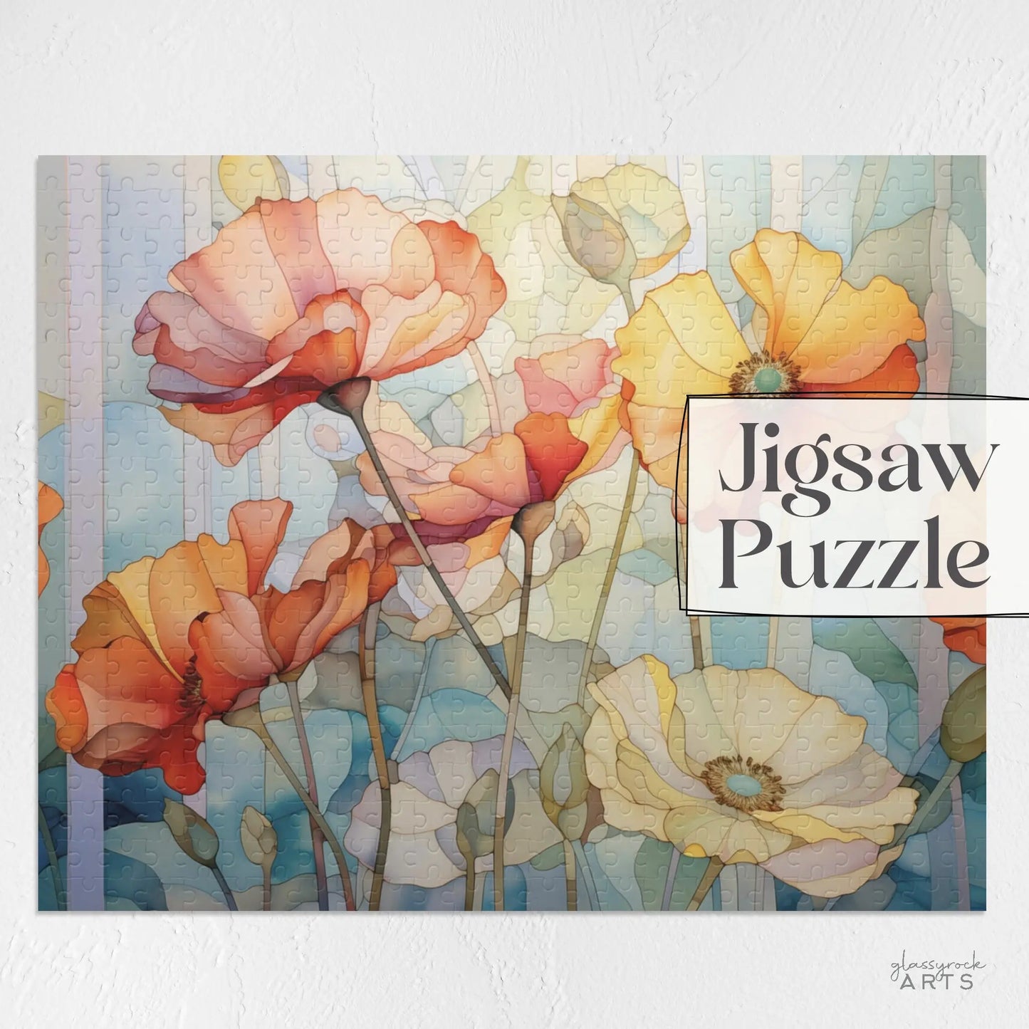 The Watercolor Poppies Jigsaw Puzzle features vibrant blooms in red, orange, and yellow on a pastel background. With long stems and delicate petals, it creates a whimsical floral scene, making it an ideal art gift for any occasion.
