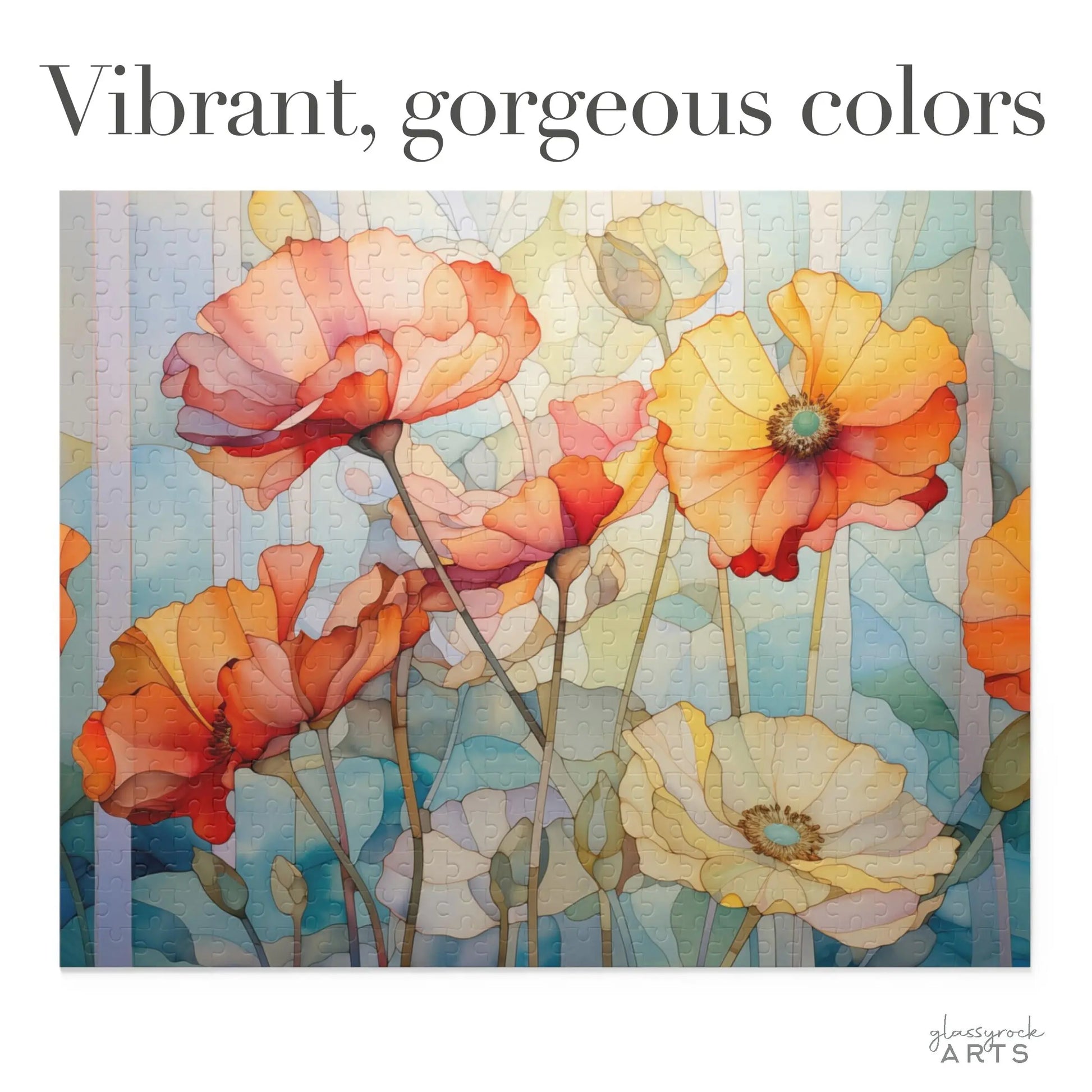 The Watercolor Poppies Jigsaw Puzzle features a vibrant floral painting of red, orange, and white poppies on a light blue background. Ideal art gift for puzzle lovers, it has visible pieces adding depth and motion with Vibrant, gorgeous colors elegantly scripted at the top.