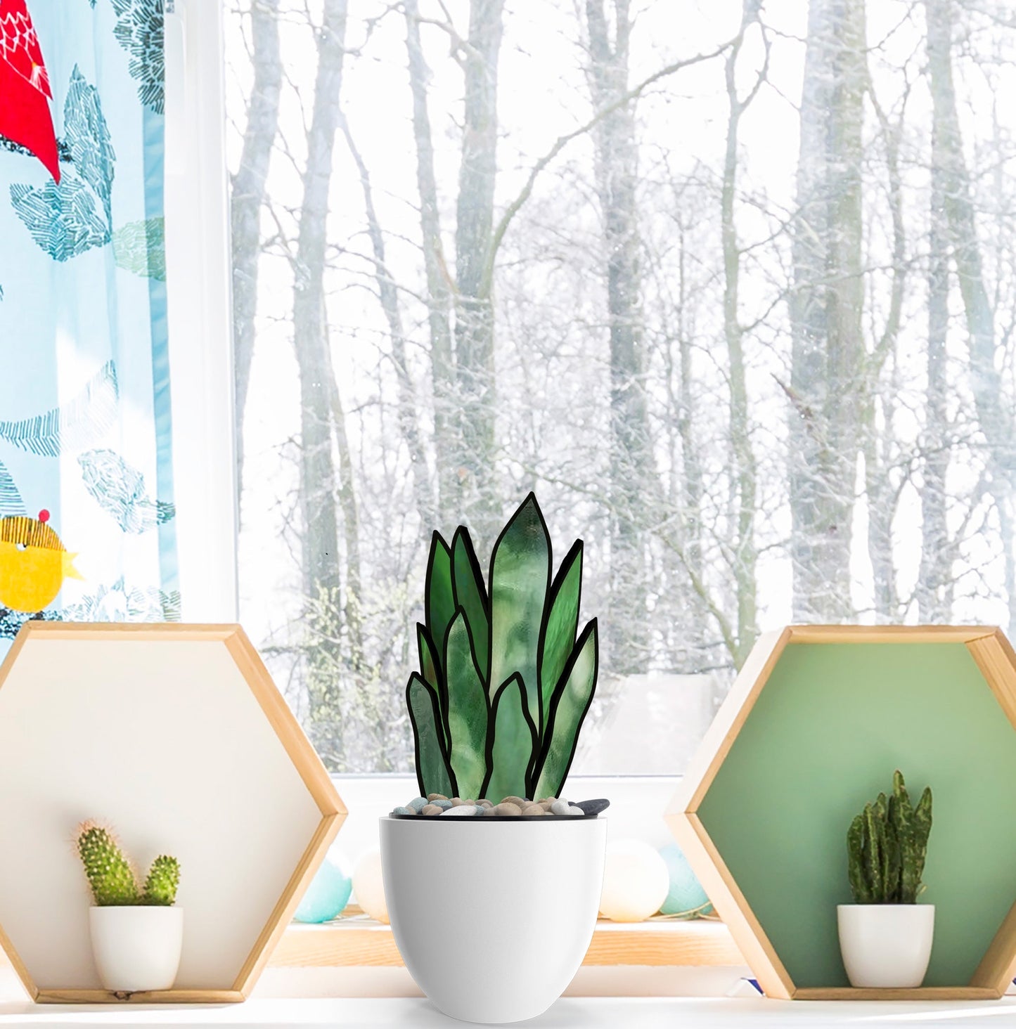 Potted succulents sit on a window sill overlooking bare trees. Hexagonal wooden shelves hold small cacti, and on the left, a colorful curtain with a 3D Snake Plant Leaves Stained Glass Pattern adds charm.