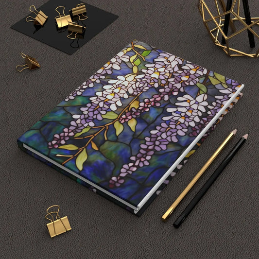 A picture of the Stained Glass Wisteria Flowers Hardcover Journal from GlassyRock Arts.