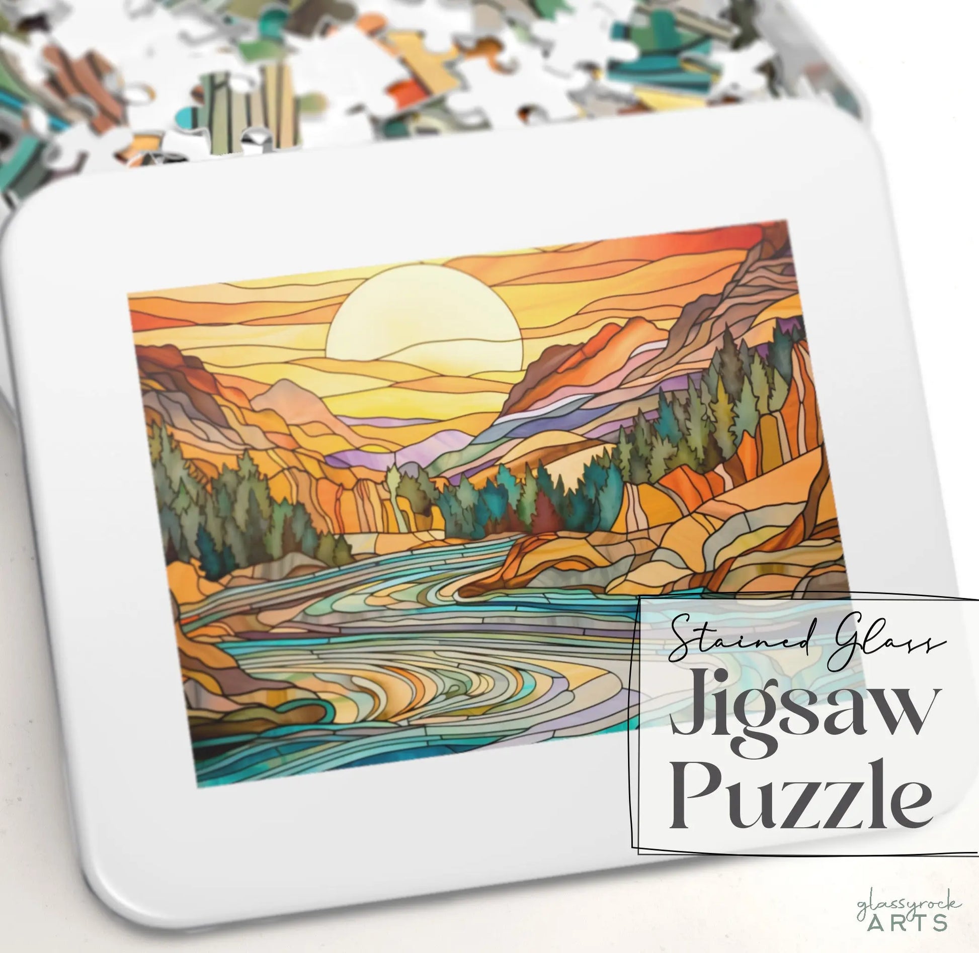 A picture of the Yellowstone River Stained Glass Jigsaw Puzzle from GlassyRock Arts.