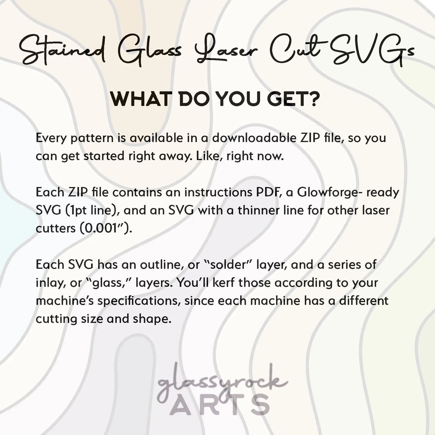 Informational graphic titled Stained Glass Agave Plant, SVG for Laser Cutting showcases a perfect DIY plant lover gift. Each purchase includes a downloadable ZIP file with an instructions PDF, a Glowforge-ready SVG, and thin-layer SVGs with outline and glass layers. Logo: glassyrock ARTS.