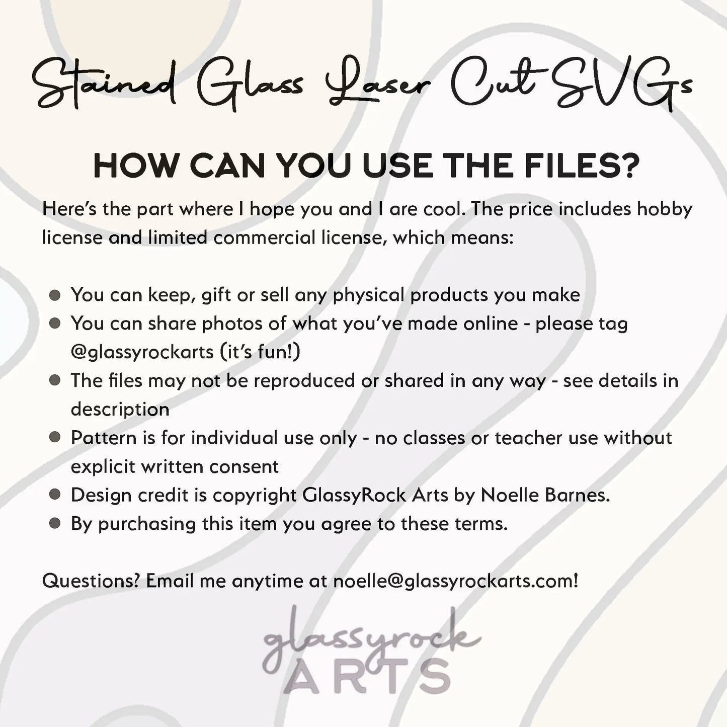Infographic about Stained Glass Easter Eggs SVGs by Glassy Rock Arts for unique decorations. Personal and physical use allowed; online sharing requires tagging, no reproduction for sale, and individual use only.