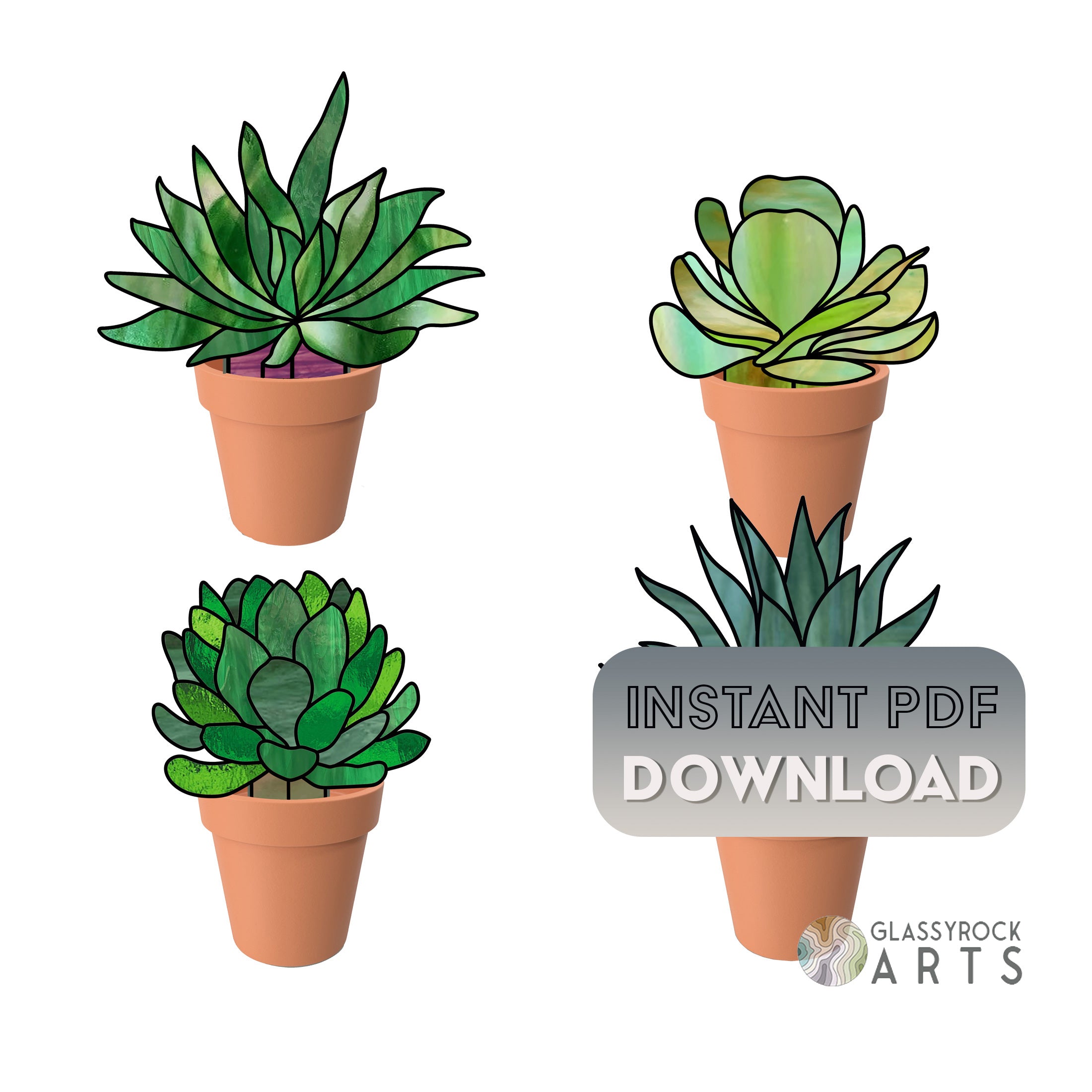 Succulent Plant Stems Stained Glass Pattern Pack of 4 – GlassyRock Arts