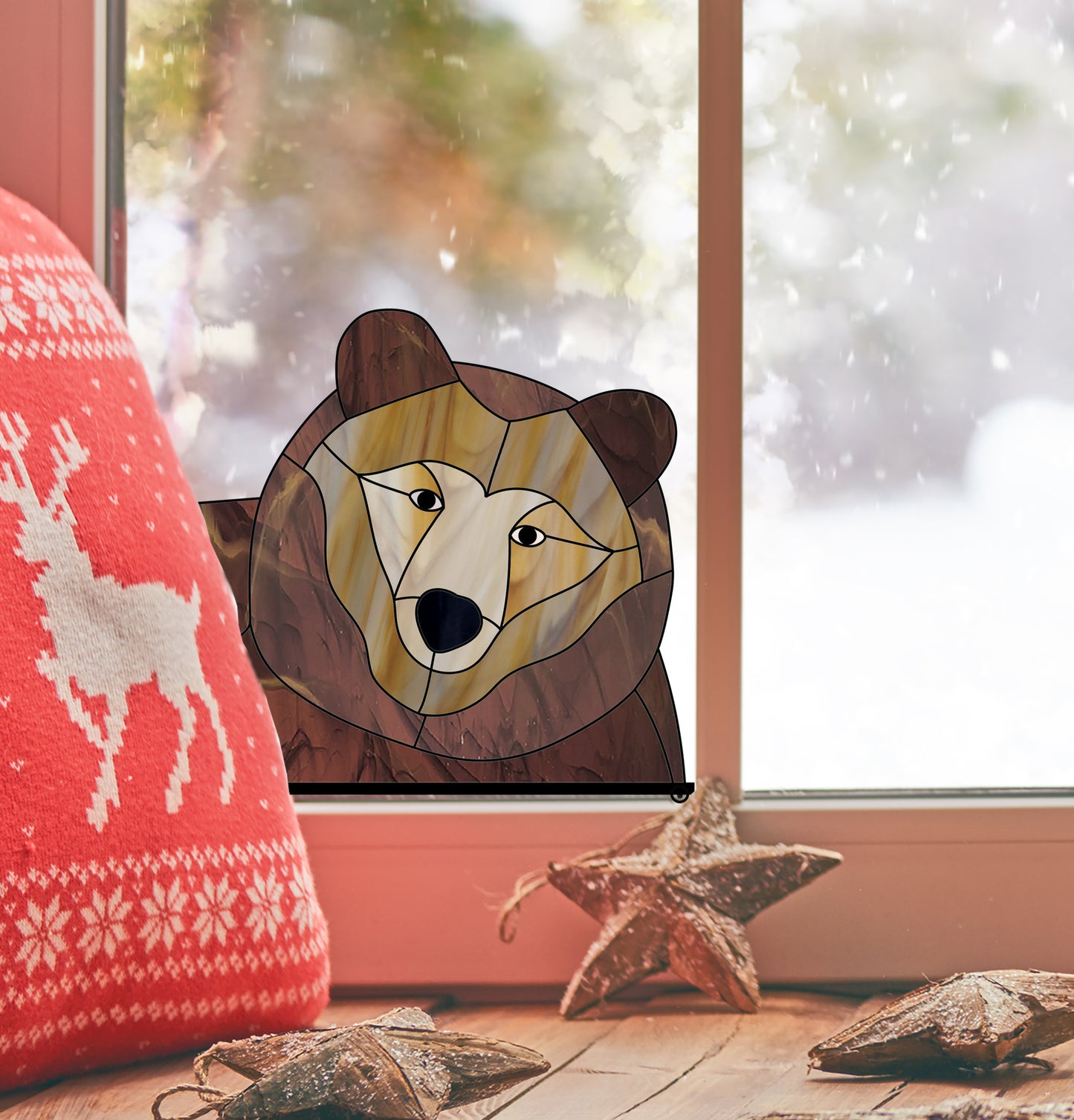 Stained glass pattern for a bear peeking in the window, instant PDF download, shown in a window with Christmas decorations