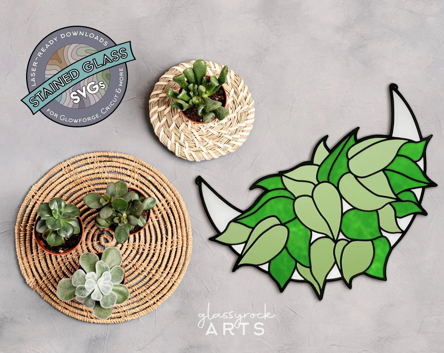 A collection of small green succulents in woven baskets on a textured gray surface complements the Stained Glass Philodendron Crescent Moon SVG Files. Nearby is a stained glass pattern featuring green leaves, beside the circular Stained Glass SVGs logo with glassyrock ARTS text.