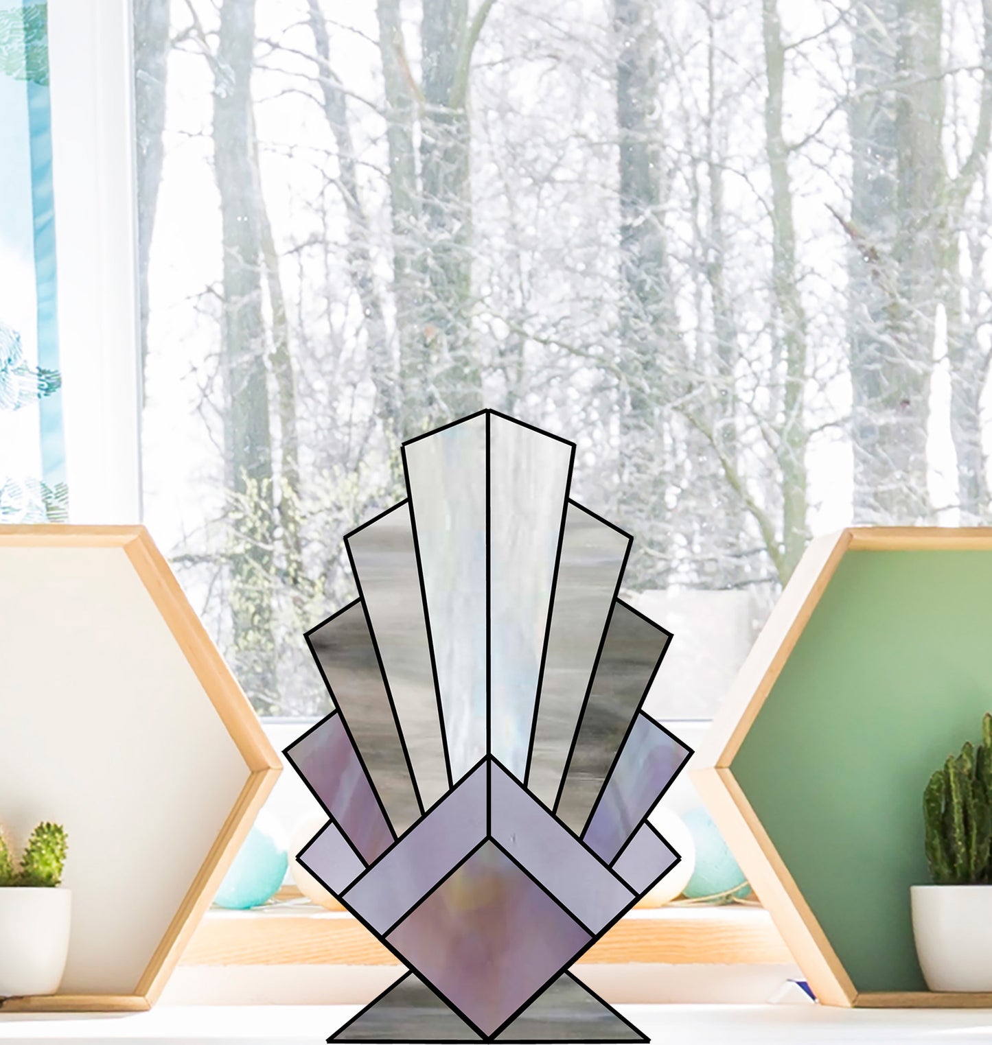 Beginner stained glass pattern for an art deco feather, instant PDF download, standing on a windowsill