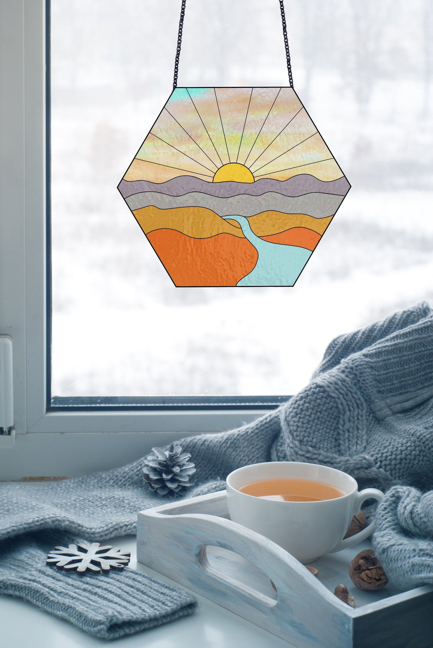 Sunset Landscape Boho Hexagon Stained Glass Pattern