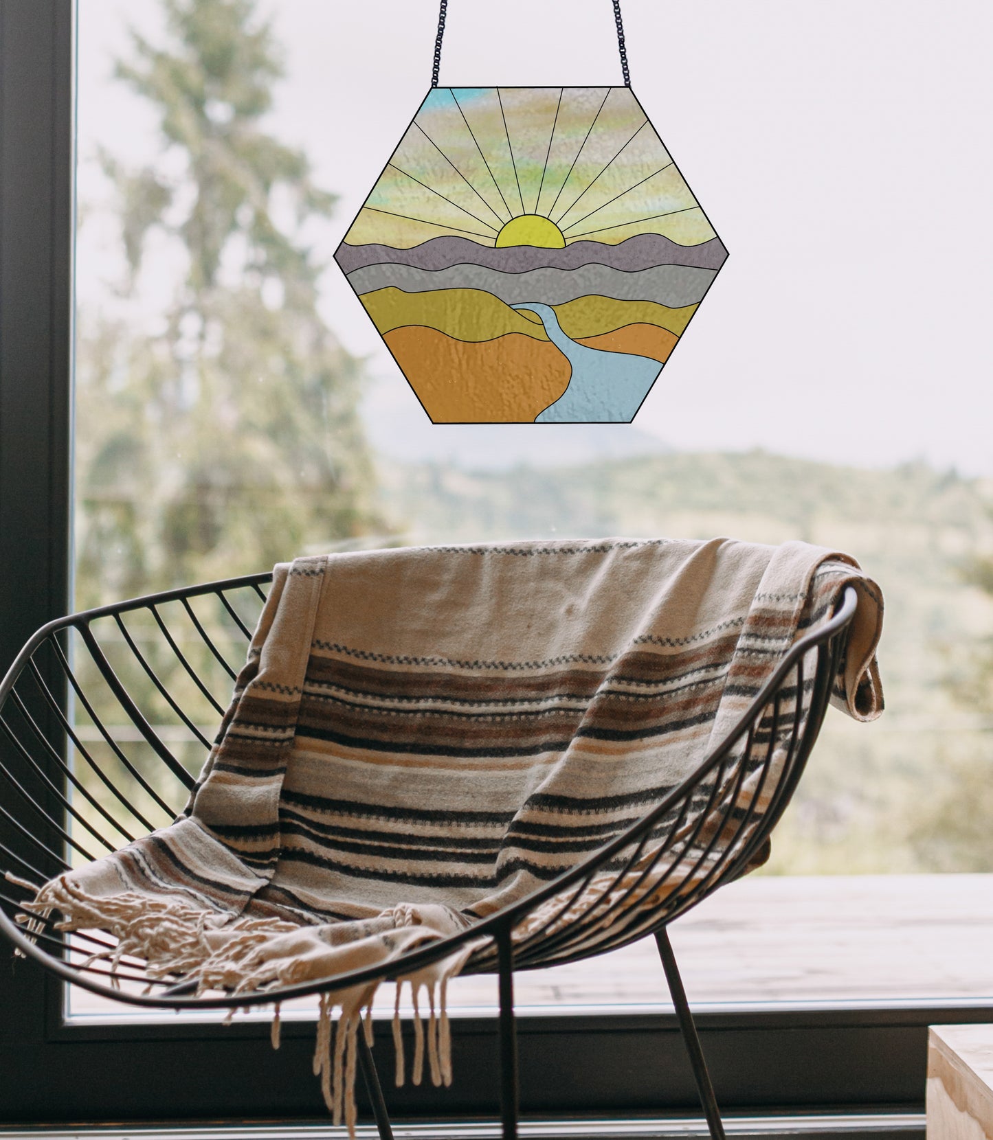Sunset Landscape Boho Hexagon Stained Glass Pattern