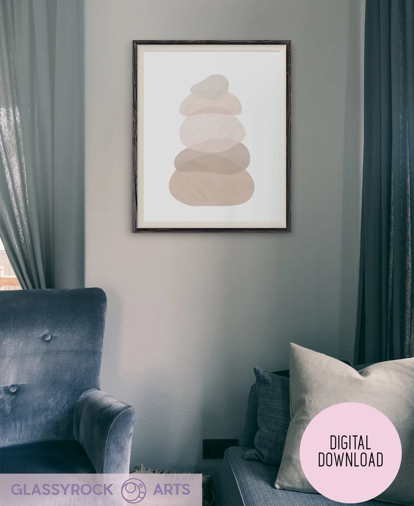 A minimalist living room displays the Ombre Nude Modern Stone Shapes Digital Art print from GLASSYROCK ARTS. Below, a plush gray armchair and pillow-strewn sofa sit amidst boho Japandi Scandi decor, along with the elegant text Digital Download.