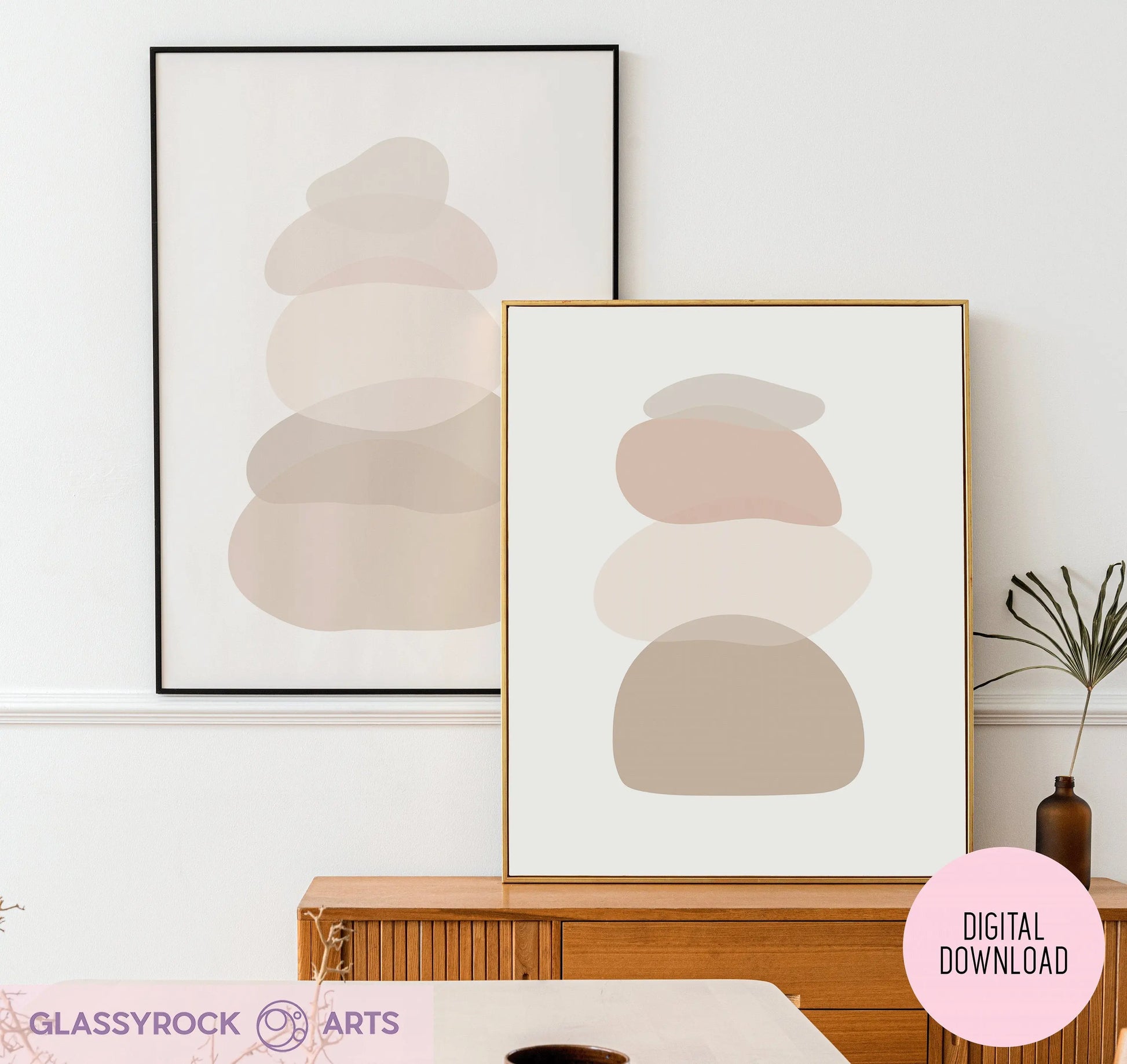 Ombre Nude Stone Shapes Digital Artwork in neutral tones is displayed on a wooden console with a digital file label at the bottom right. The modern room, styled with minimalist decor, also features a potted plant, ideal for lovers of digital art printables.