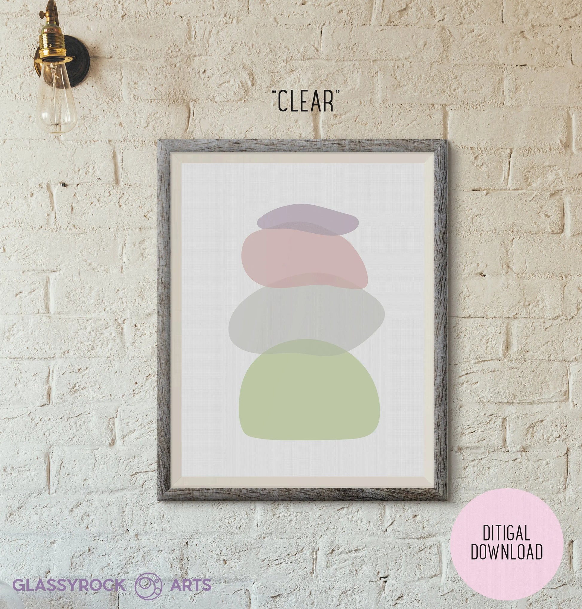 A minimalist framed digital art printable of four overlapping ovals in muted pastels, titled Pastel Clear Modern Stone Shapes Digital Art, is set against a textured white brick wall. Above is CLEAR, and below a round sticker reads DIGITAL DOWNLOAD.