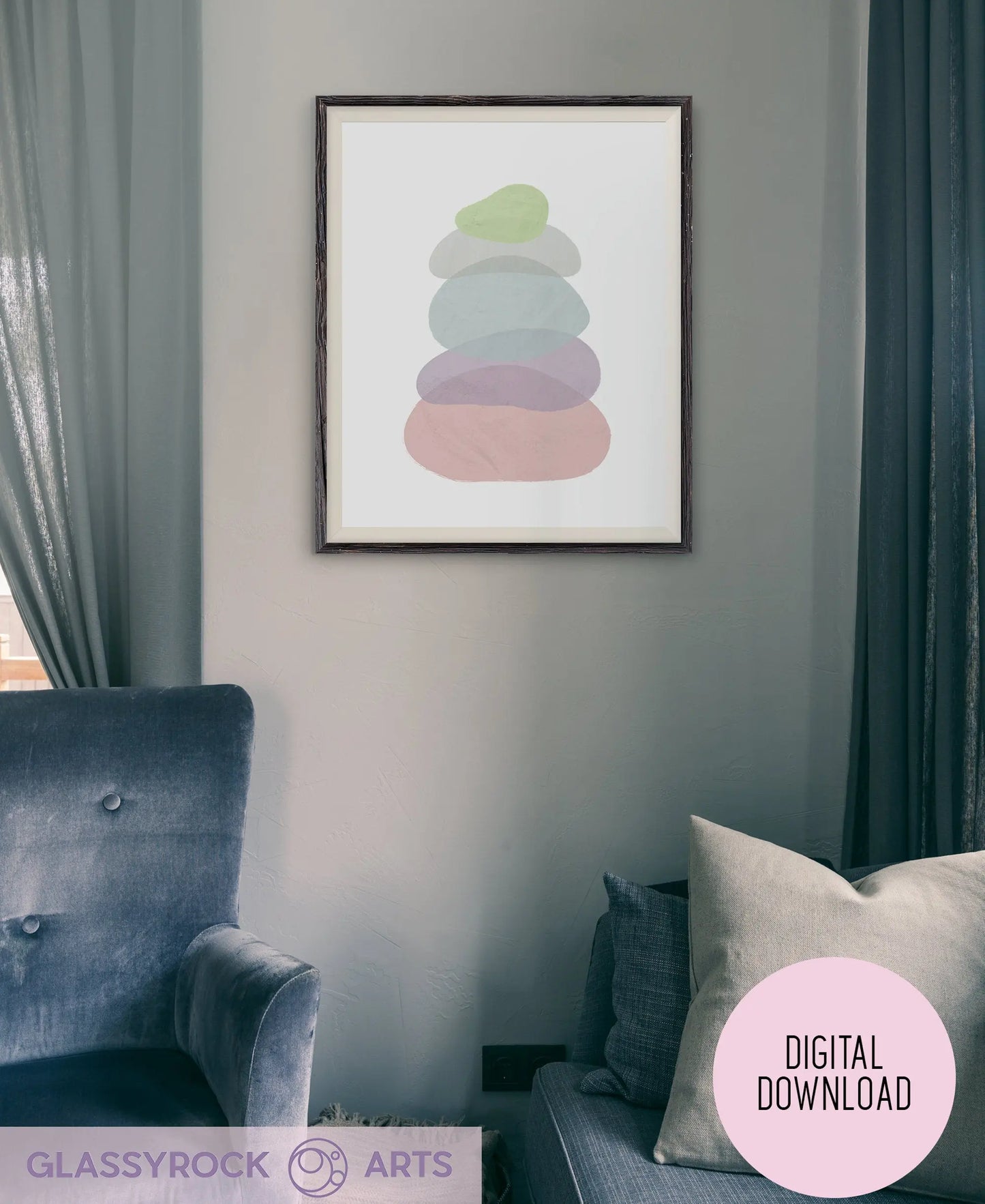 The Pastel Painted Boho Stone Shapes Digital Art features digitally stacked boho stone shapes in pastel hues between two gray curtains. It complements a plush gray armchair and a light gray sofa with a cushion, available as an instant digital download.