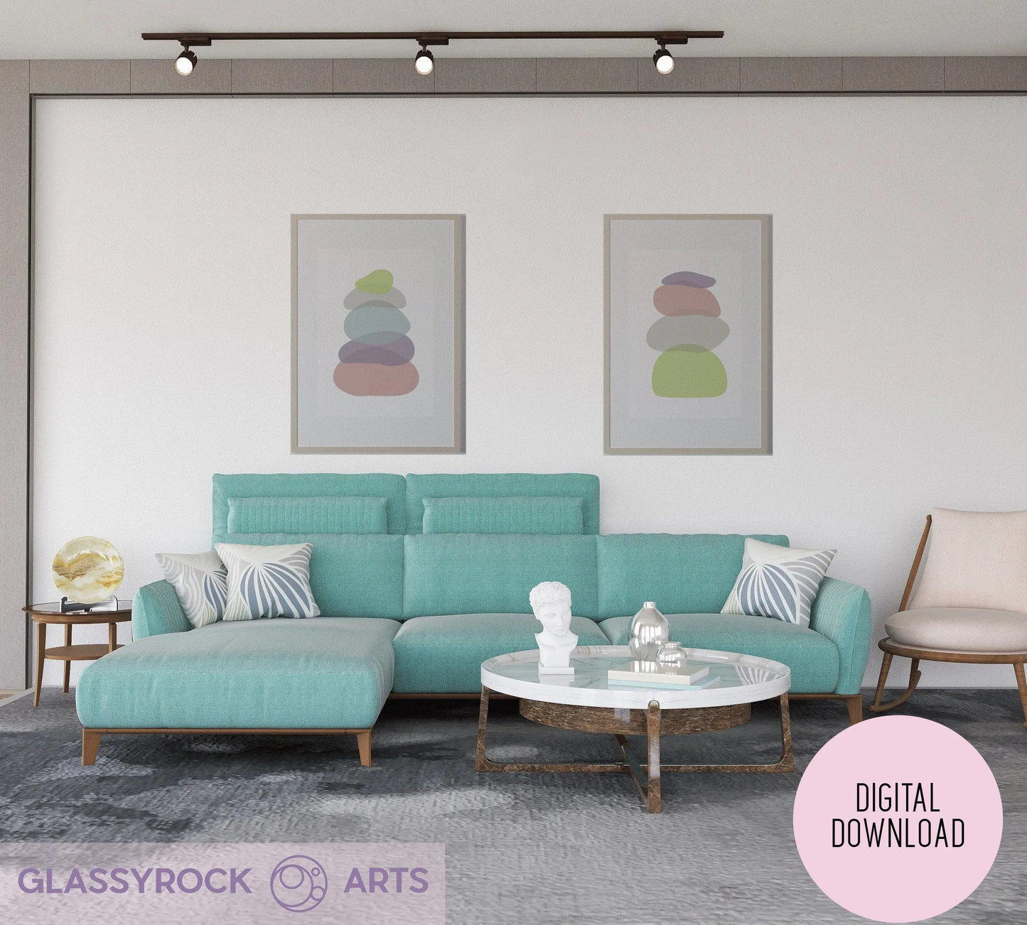 A modern living room features a teal sectional sofa, a white round coffee table, and two Pastel Clear Modern Stone Shapes digital art pieces on the wall, adding boho décor charm. A side table with a decorative globe complements the grey rug and chair to the right.