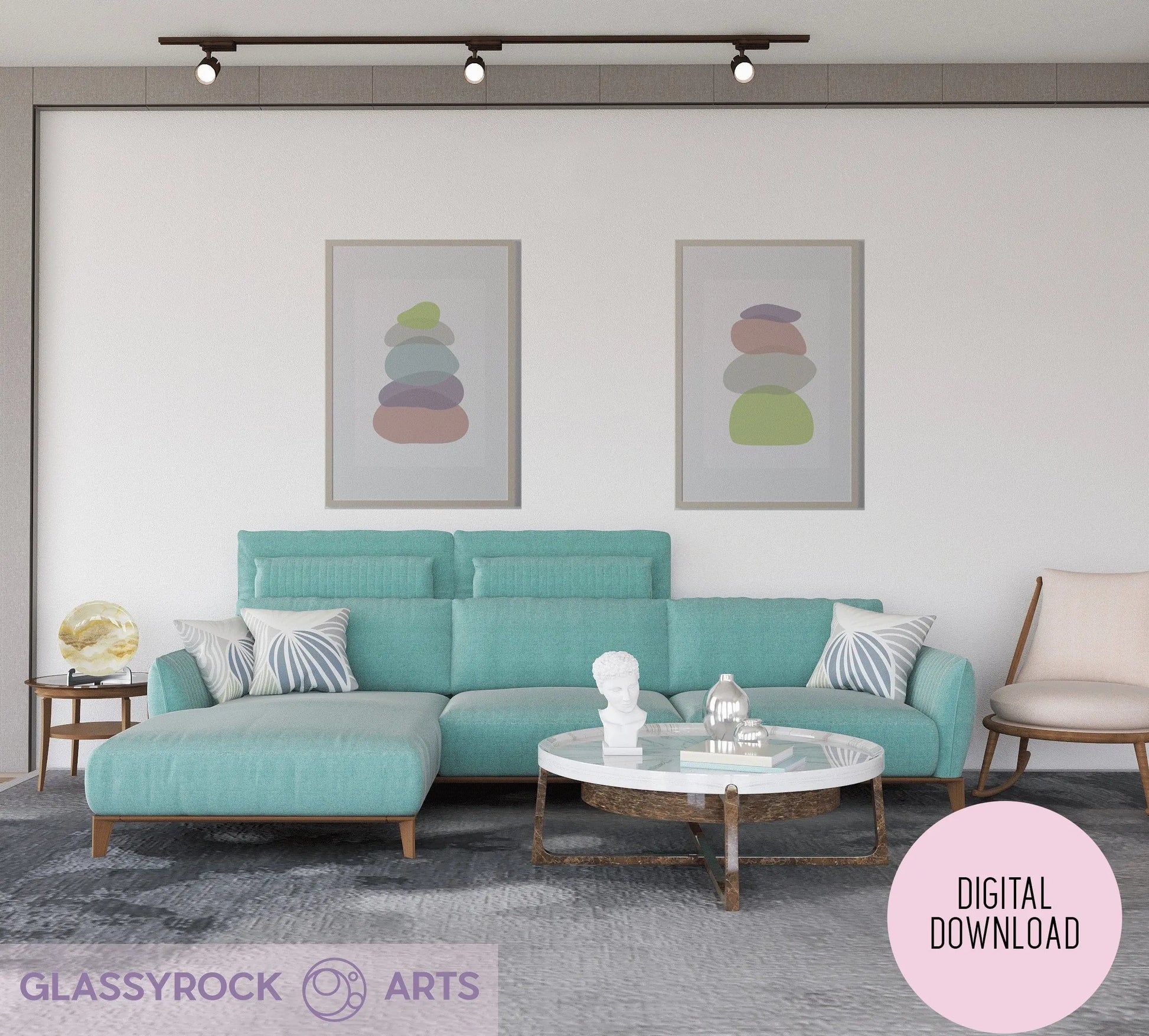 A modern living room features a teal sectional sofa, a white round coffee table, and two Pastel Clear Modern Stone Shapes digital art pieces on the wall, adding boho décor charm. A side table with a decorative globe complements the grey rug and chair to the right.