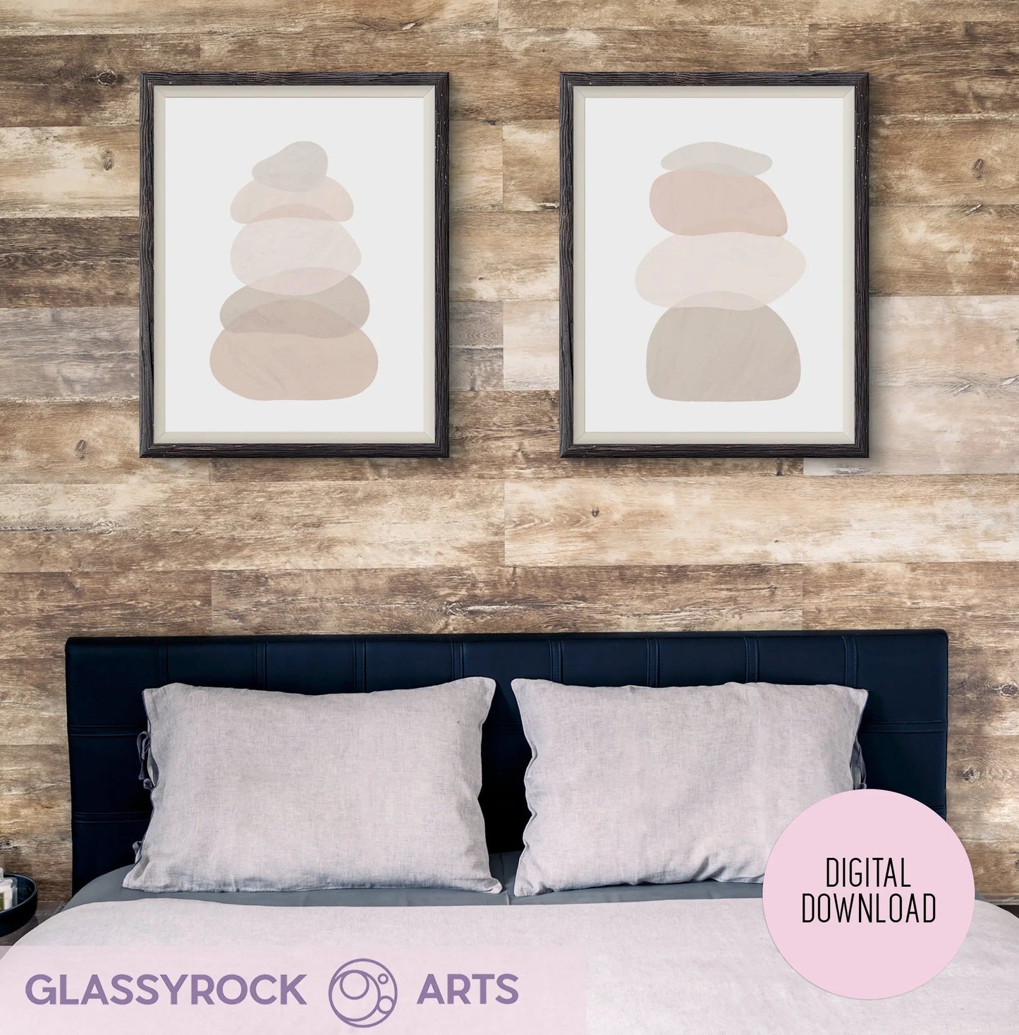 The bedroom wall showcases two framed Ombre Nude Modern Stone Shapes Digital Art prints above the bed. With a dark headboard and light gray pillows, the decor exudes boho Japandi Scandi vibes. A round Digital Download label is at the bottom right, with Glassyrock Arts below.