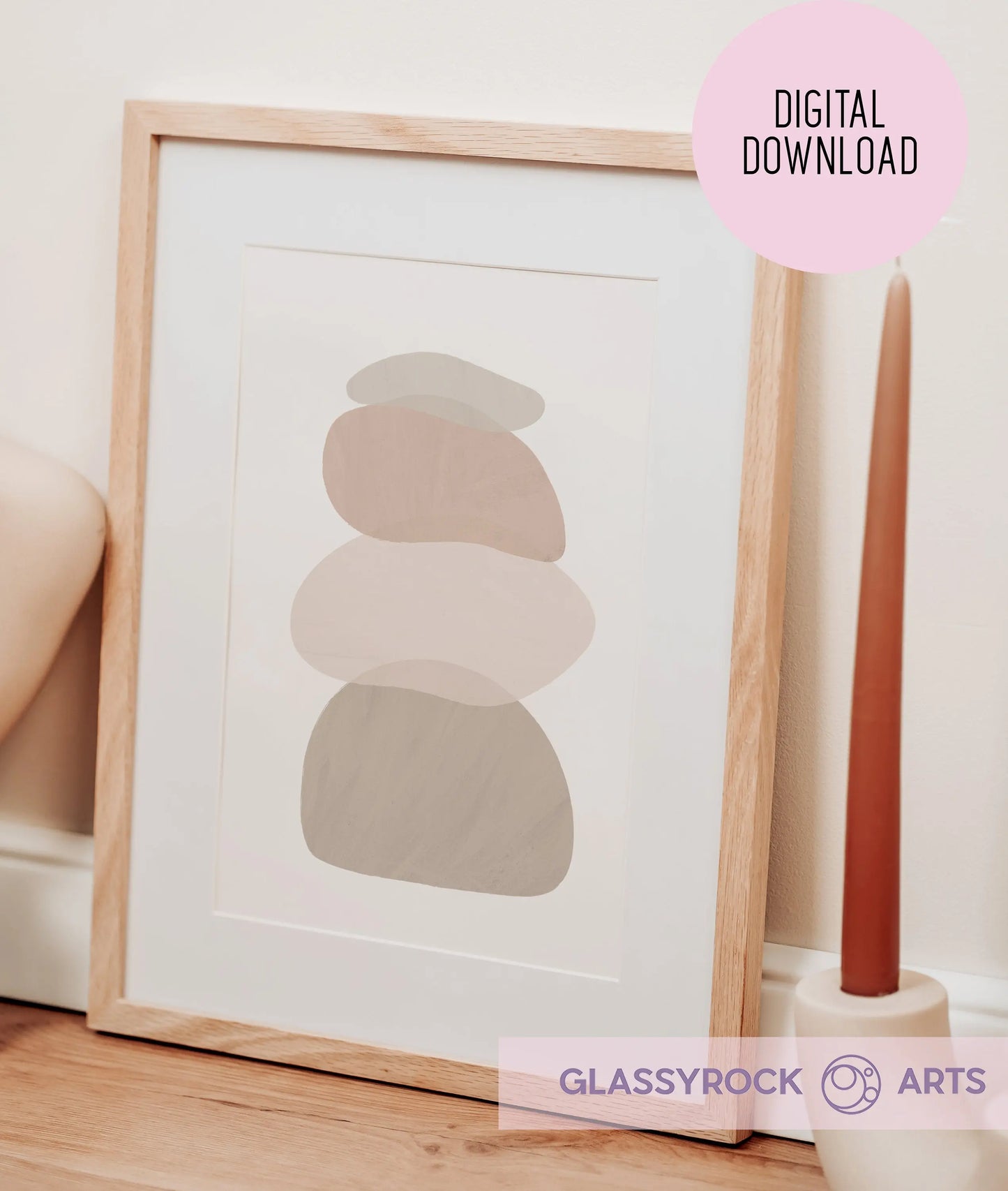 The Ombre Nude Modern Stone Shapes Digital Art embodies boho Japandi scandi decor with neutral, organic shapes stacked vertically. A brown tapered candle adds warmth on the right. The text in a pink circle reads Digital Download, and the logo at the bottom says Glassyrock Arts.
