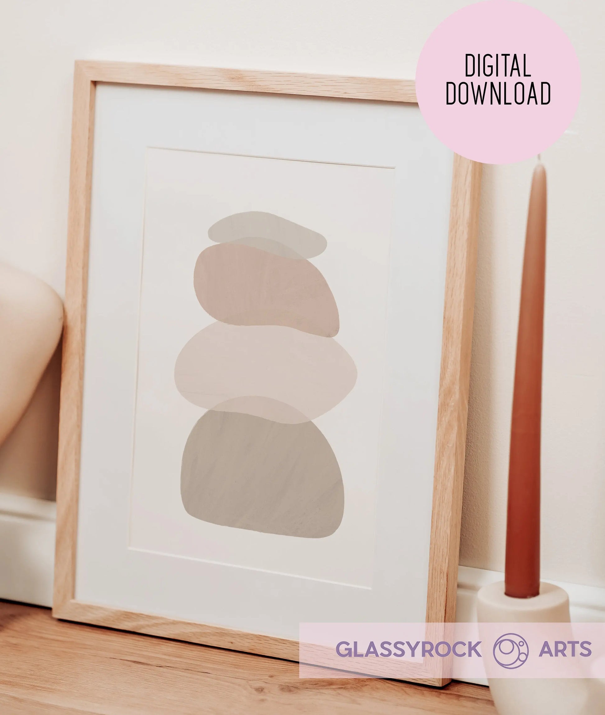 The Ombre Nude Modern Stone Shapes Digital Art embodies boho Japandi scandi decor with neutral, organic shapes stacked vertically. A brown tapered candle adds warmth on the right. The text in a pink circle reads Digital Download, and the logo at the bottom says Glassyrock Arts.