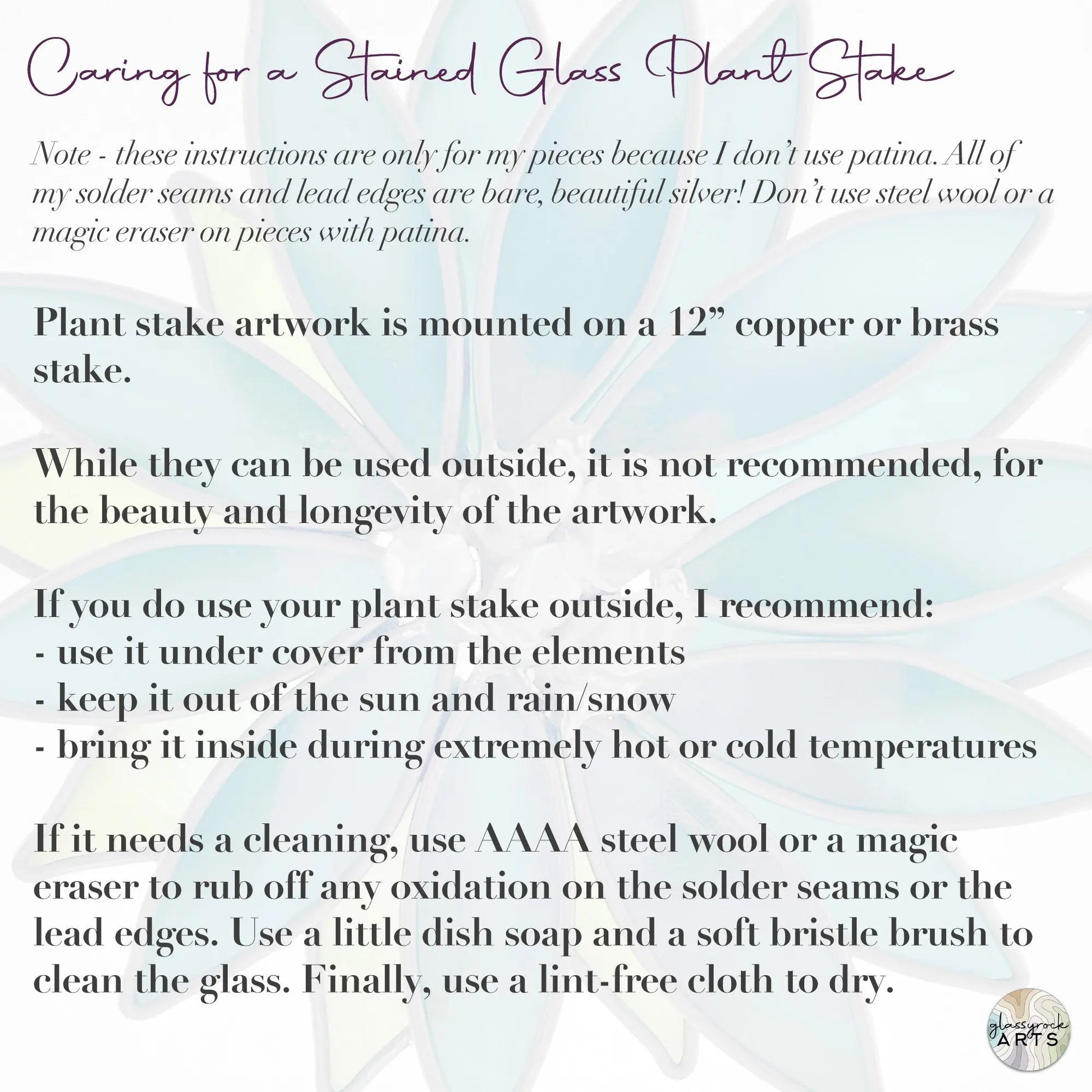 Care instructions for the Handmade Stained Glass Flower Plant Stake with Tigers Eye Center - Pink: Use 12 copper or brass rod indoors, avoid sun/rain, and clean with steel wool/magic eraser. Inspired by Tiffany methods; additional cleaning tips provided.