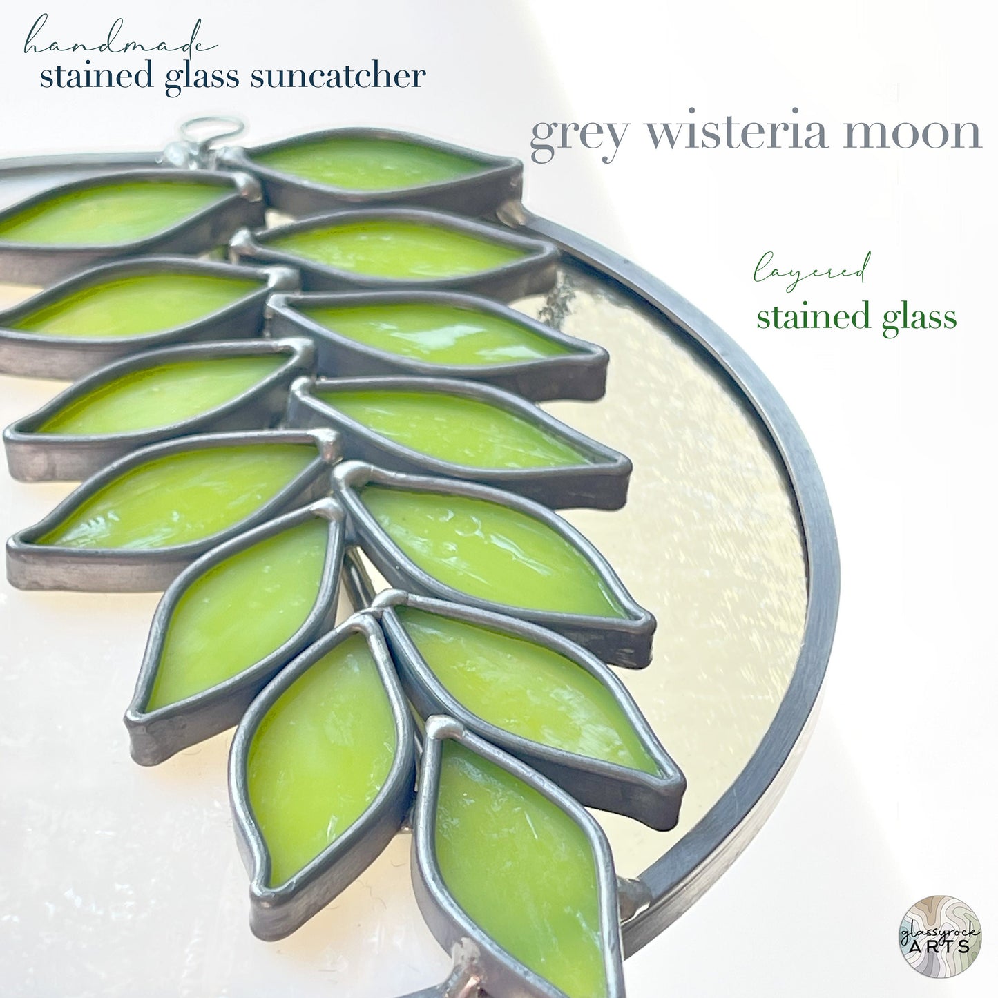 Handmade Full Moon Wisteria Stained Glass Suncatcher, handmade stained glass gift with free shipping, full moon decor, gift for plant lover
