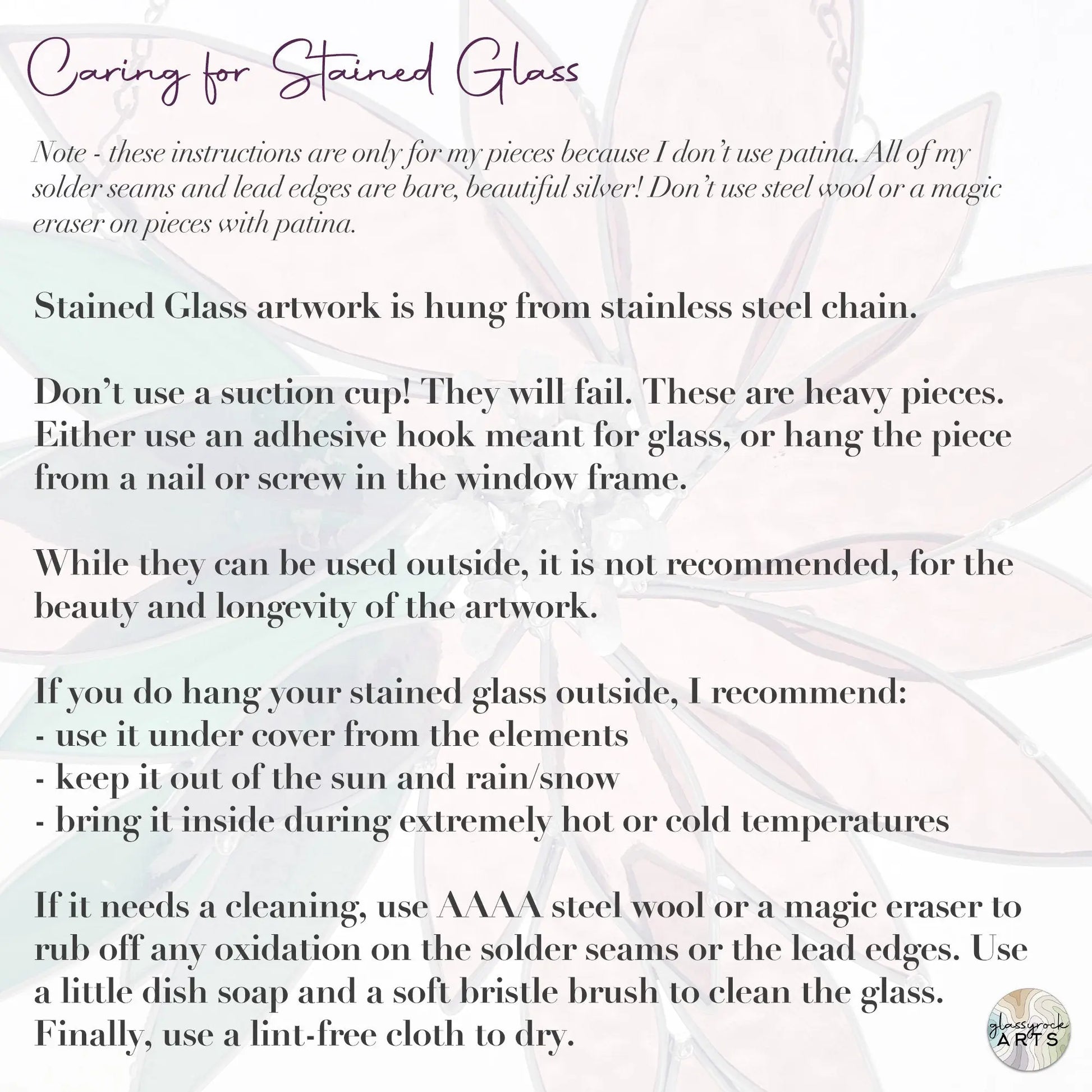 The image shows care instructions for Handmade Stained Glass Sand Dollars - White by a Pacific Northwest artist. It covers hanging methods, cleaning with a soft cloth or brush, and warns against using patina. A subtle stained glass design in the background perfectly complements the suncatchers.