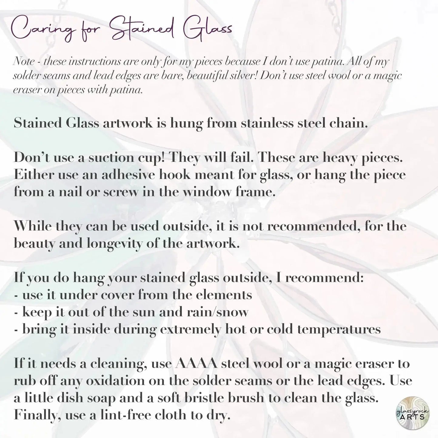 An information card on how to care for stained glass.