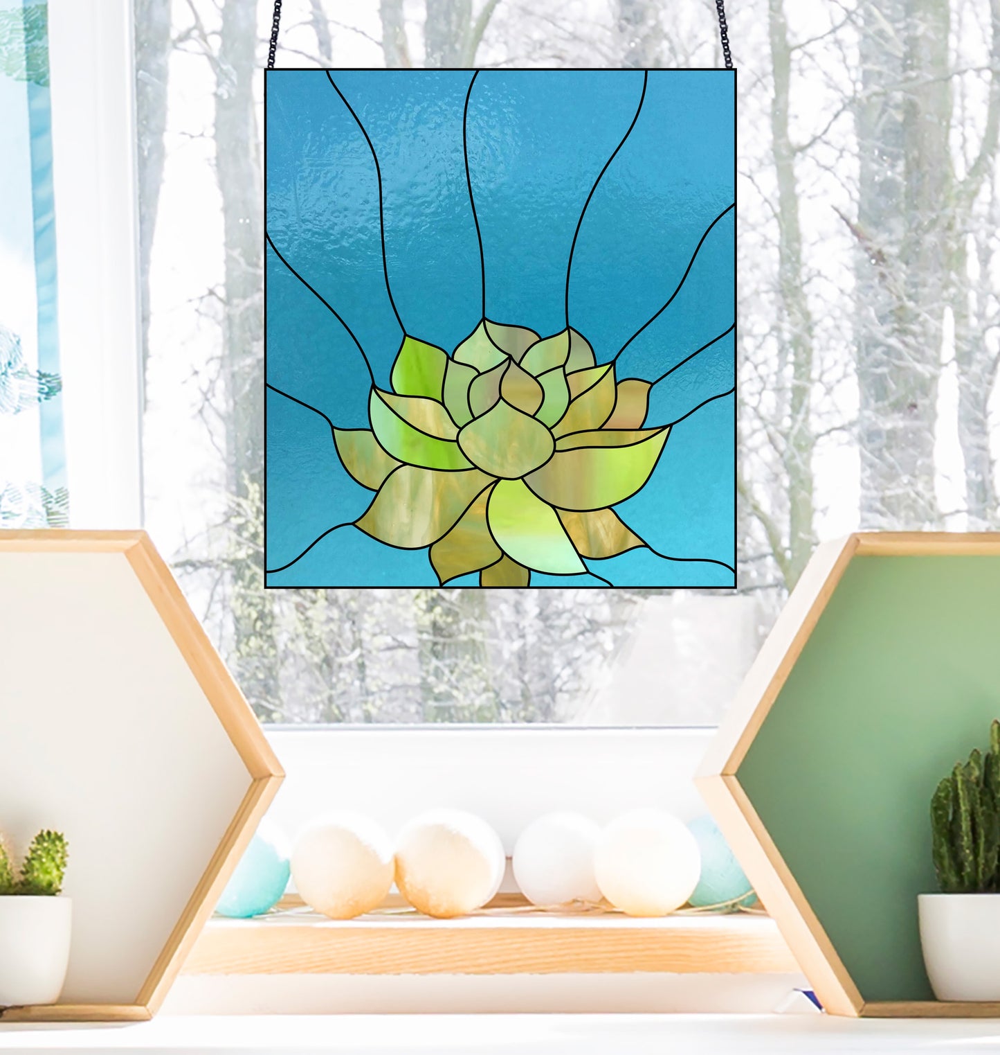 Unique stained glass pattern for an echeveria succulent panel, instant PDF download, shown in a window with a winter background