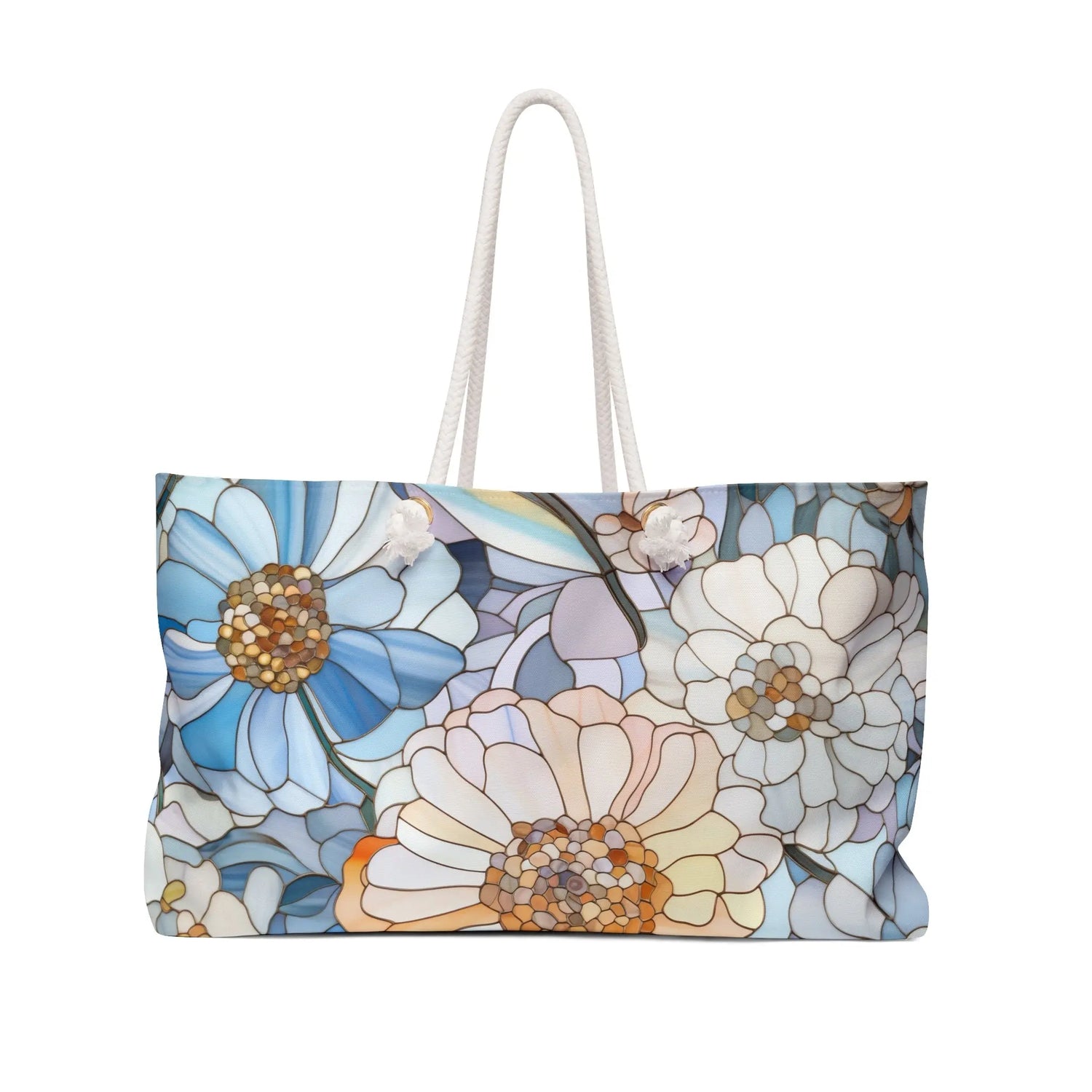 An image of the stained glass flowers oversized tote bag from GlassyRock Arts.