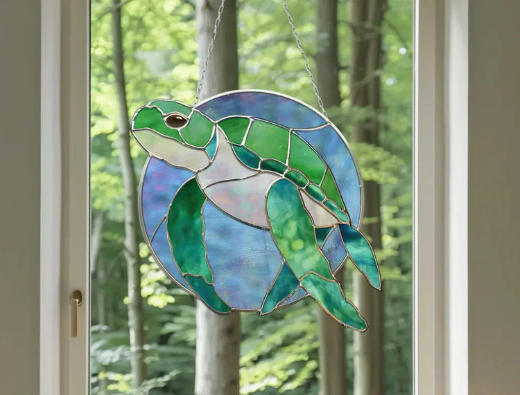 An image of the stained glass turtle suncatcher, pattern from GlassyRock Arts.