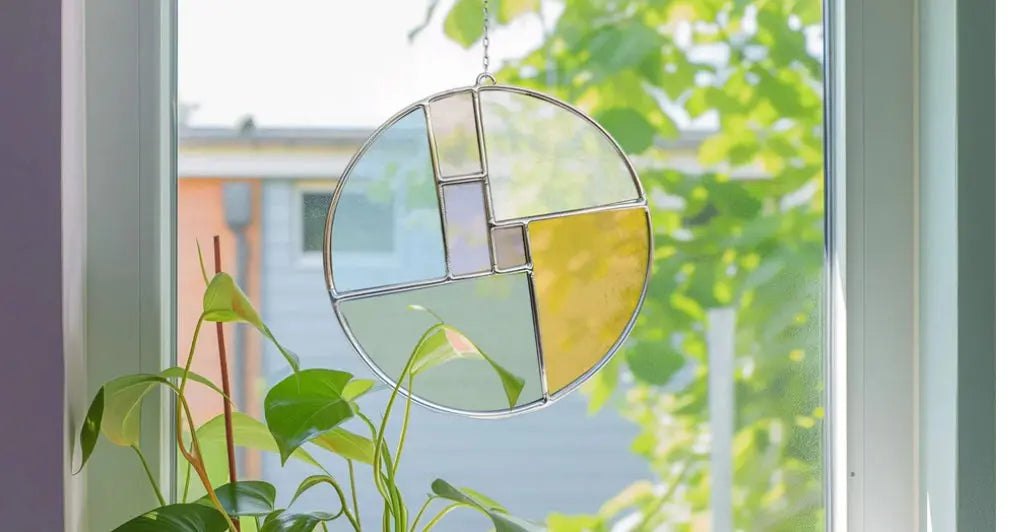 A circular stained glass hanging in a window with green, yellow, and clear sections. Sunlight filters through, casting soft colors. A green plant sits on the windowsill, and trees are visible outside.