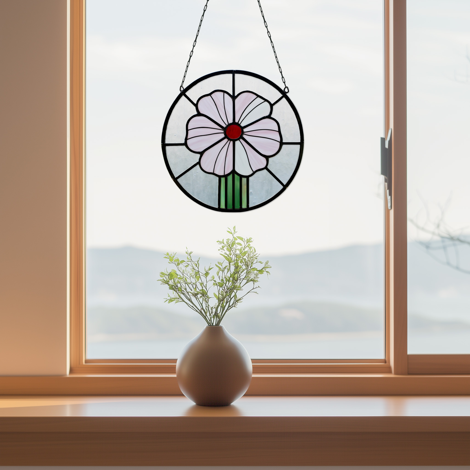 An image of the stained glass prairie garden suncatcher, pattern from GlassyRock Arts.