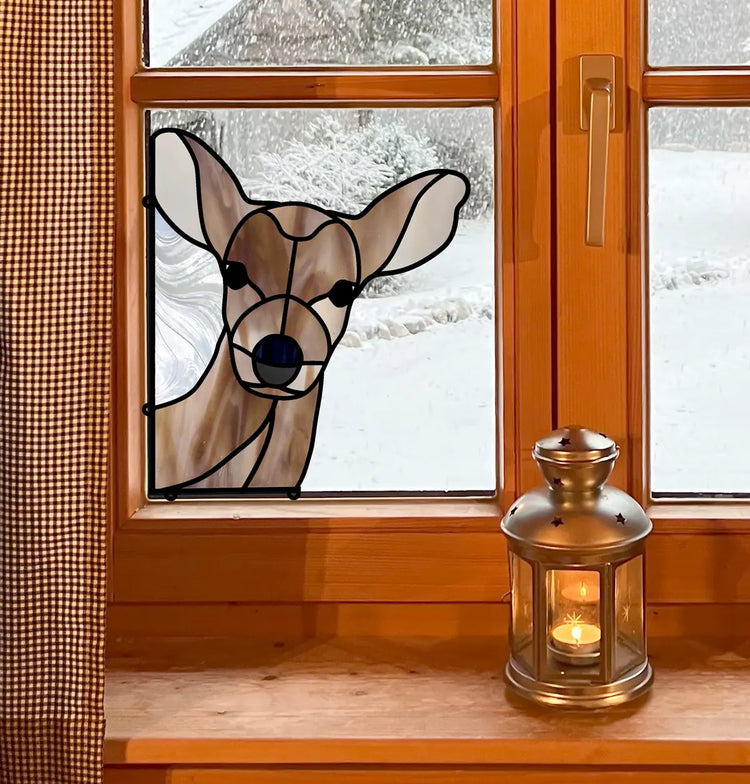 An image of the stained glass deer suncatcher, pattern from GlassyRock Arts.