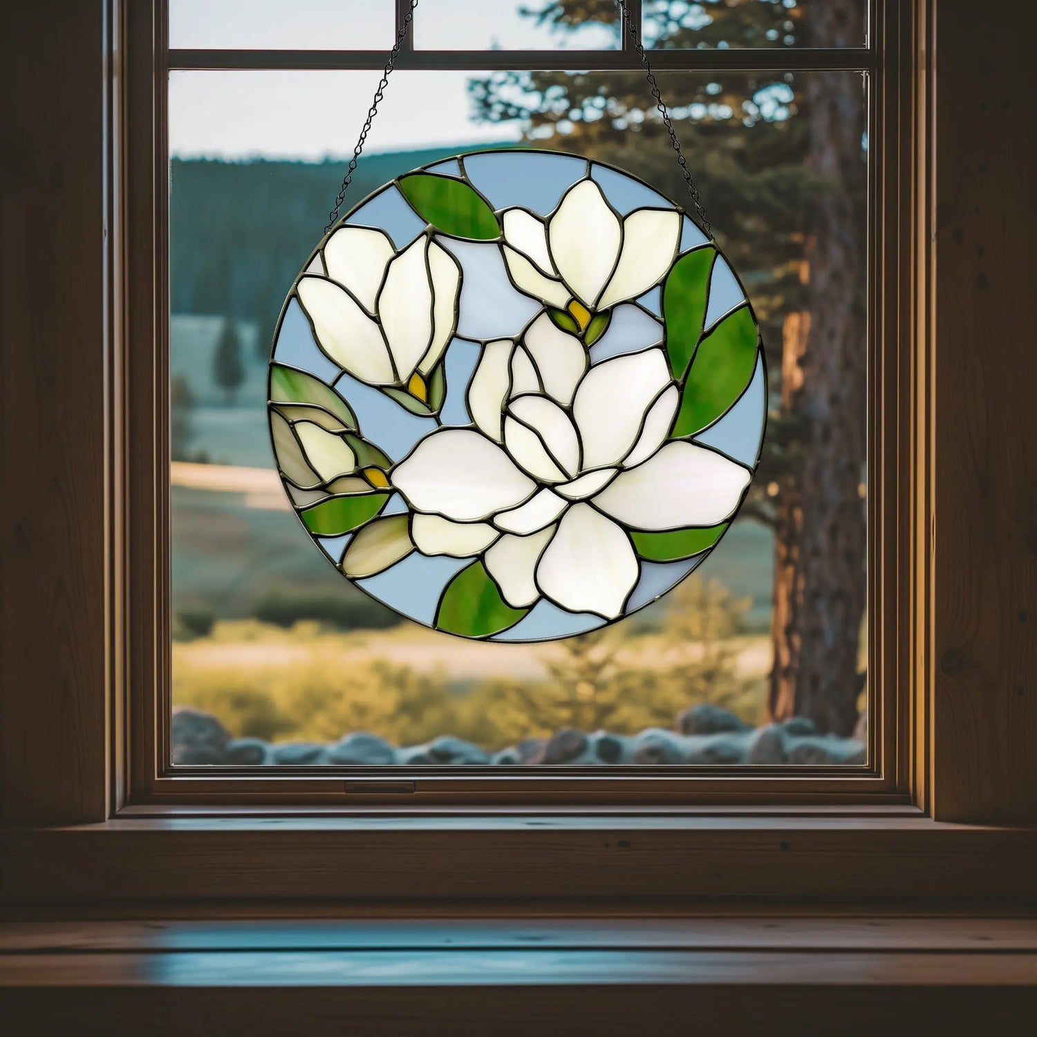 An image of the stained glass magnolia suncatcher, pattern from GlassyRock Arts.