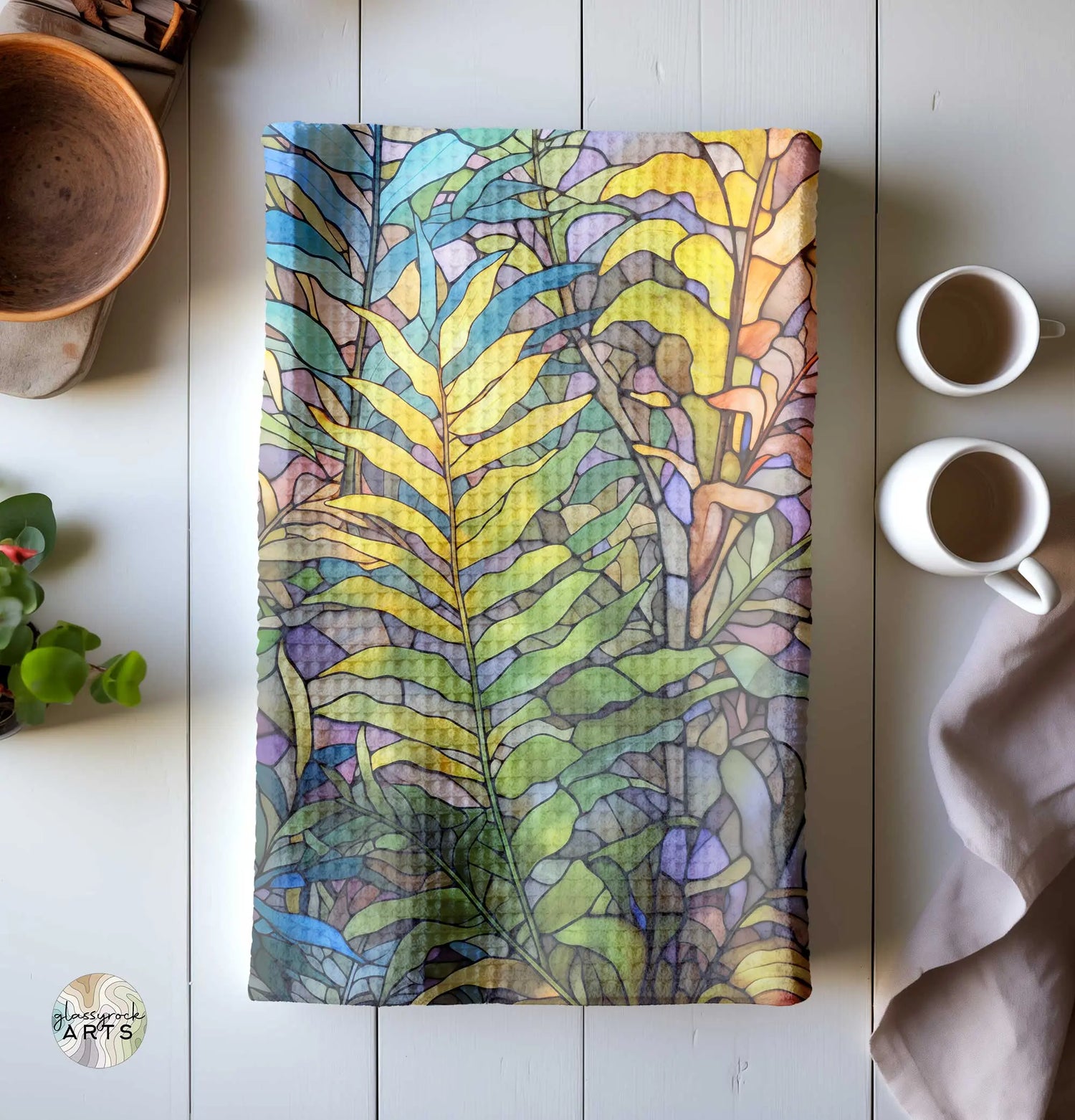 An image of the stained glass pastel ferns towel from GlassyRock Arts.