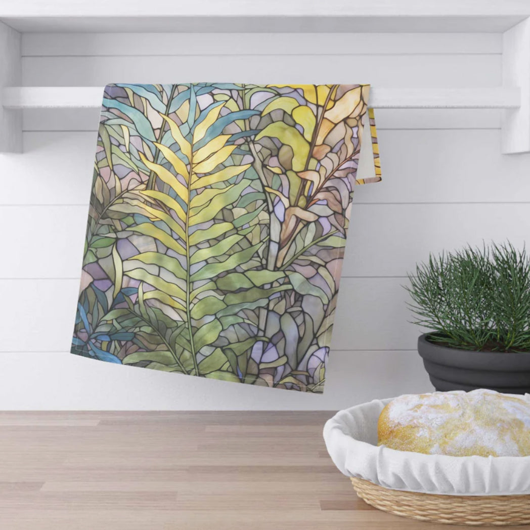 An image of the stained glass monstera leaves oversized tote bag from GlassyRock Arts.