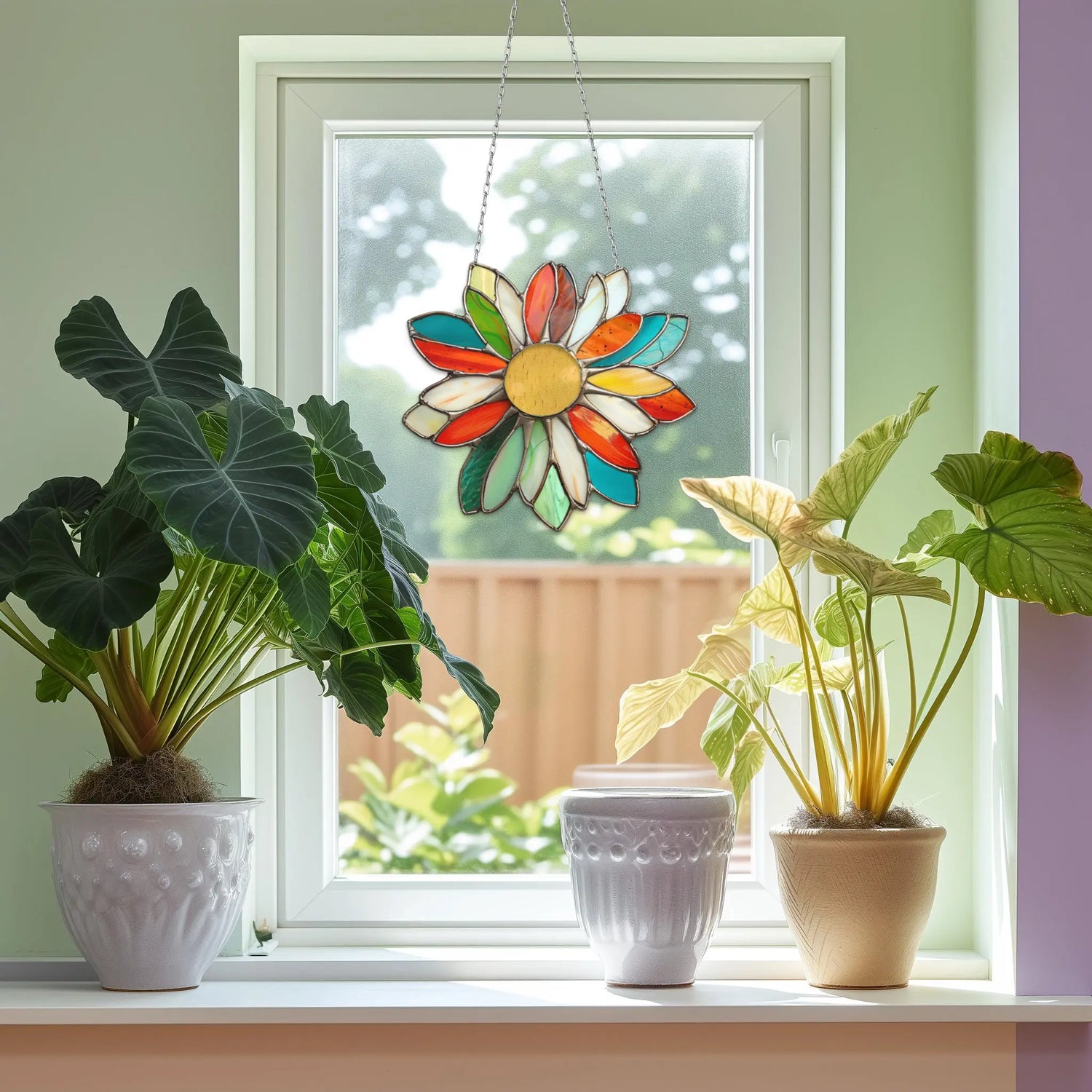 An image of the stained glass folk art flower pattern as completed by GlassyRock Arts.