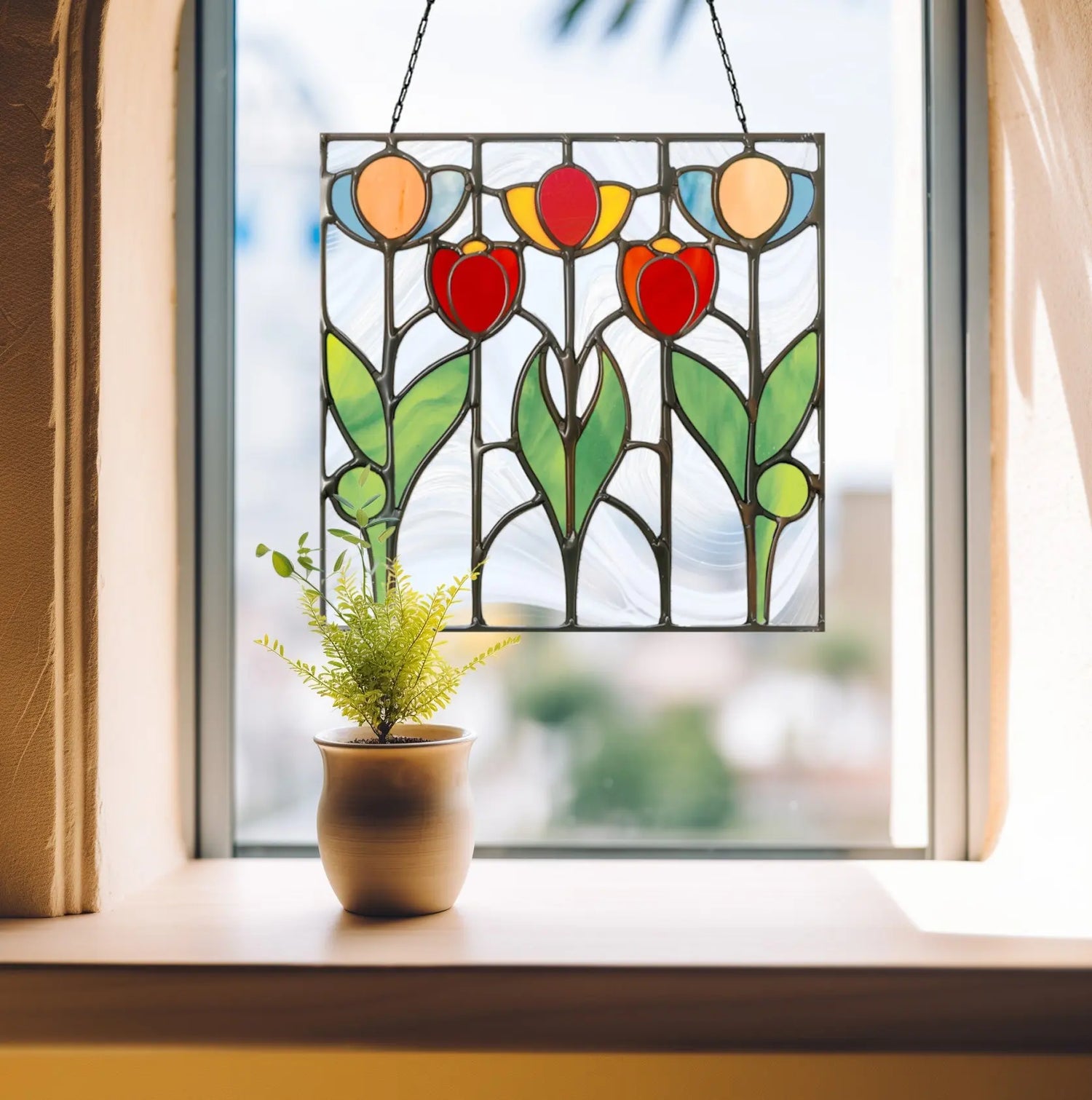 An image of the stained glass prairie tulip suncatcher, pattern from GlassyRock Arts.