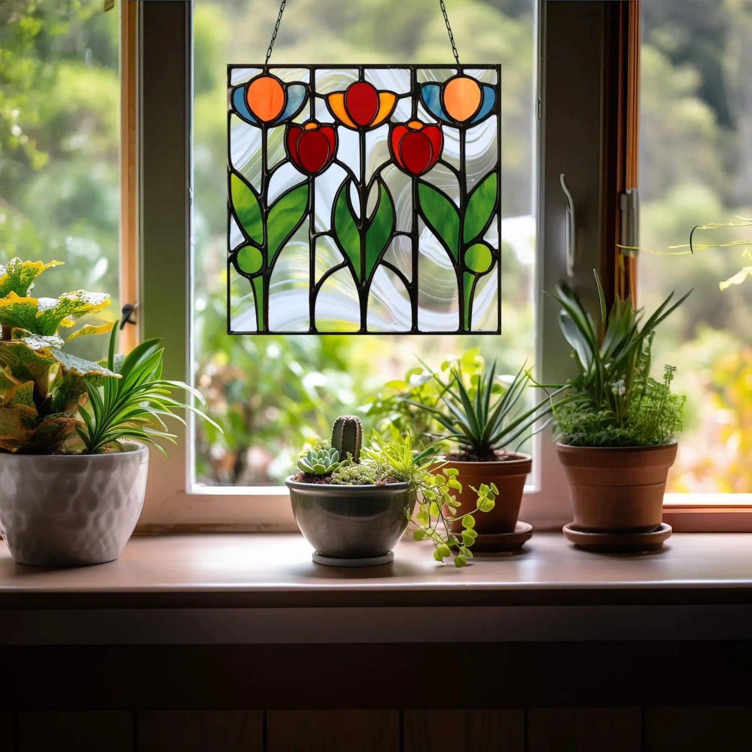 An image of the stained glass prairie tulips suncatcher from GlassyRock Arts.