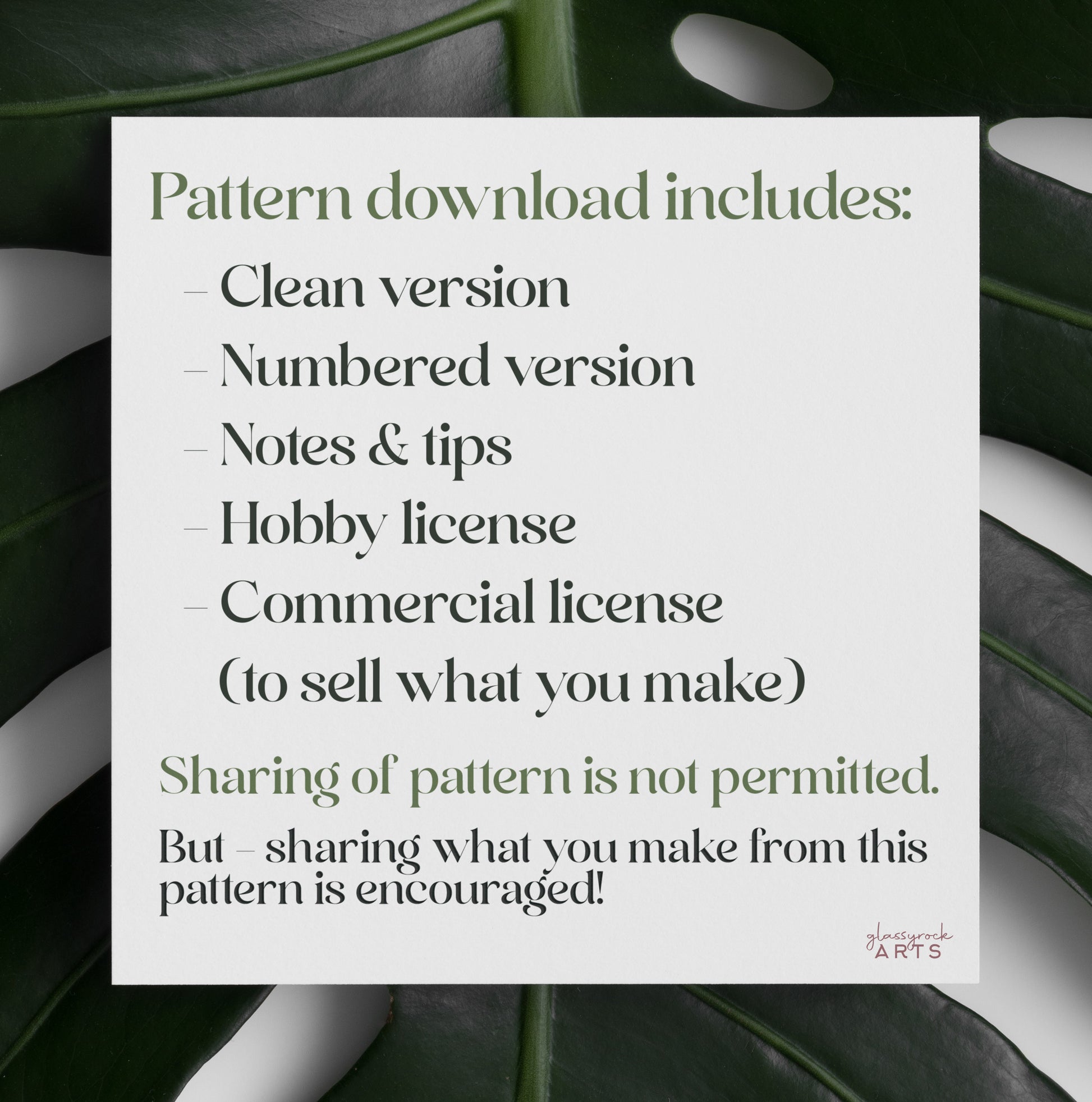 An information card explaining the terms, licensing, and benefits of purchasing and using a GlassyRock Arts stained glass pattern.  It lists what the pattern includes - a clean version, numbered version, notes and tips, hobby license, and commercial license. It also says that sharing of the pattern is not permitted but sharing what you make is encouraged.