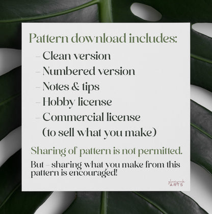 The Pattern download includes list is displayed on a white square over a green leaf background. It features: Clean version, Numbered version, Notes & tips, Hobby license, Commercial license. Sharing completed works from the Snowflakes Stained Glass Pattern Pack of 6 is encouraged but not the patterns themselves.