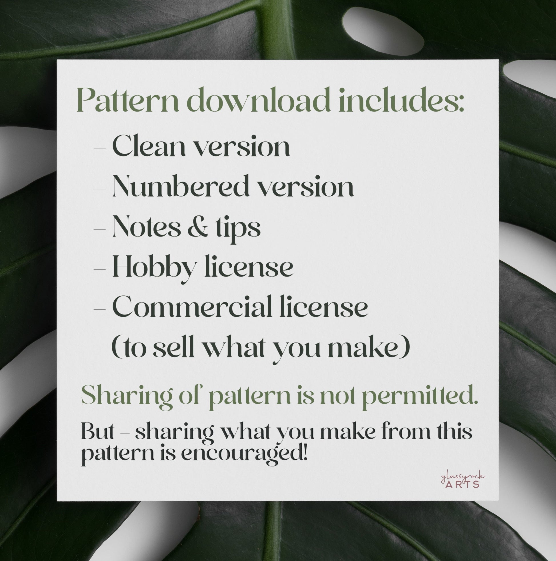 A square white card on a dark green leaf background details items in a digital download from the Bundle of Flowers Stained Glass Pattern, including both clean and numbered patterns, notes, tips, and hobby/commercial licenses. It invites sharing creations but not the pattern itself.