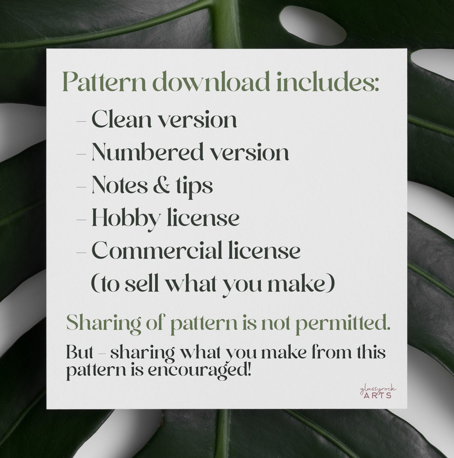 A white paper detailed with the Snake Stained Glass Pattern Rain Drop download features over a dark green leafy background. It includes versions, notes, licenses, and sharing guidelines, with the logo at the bottom right corner.