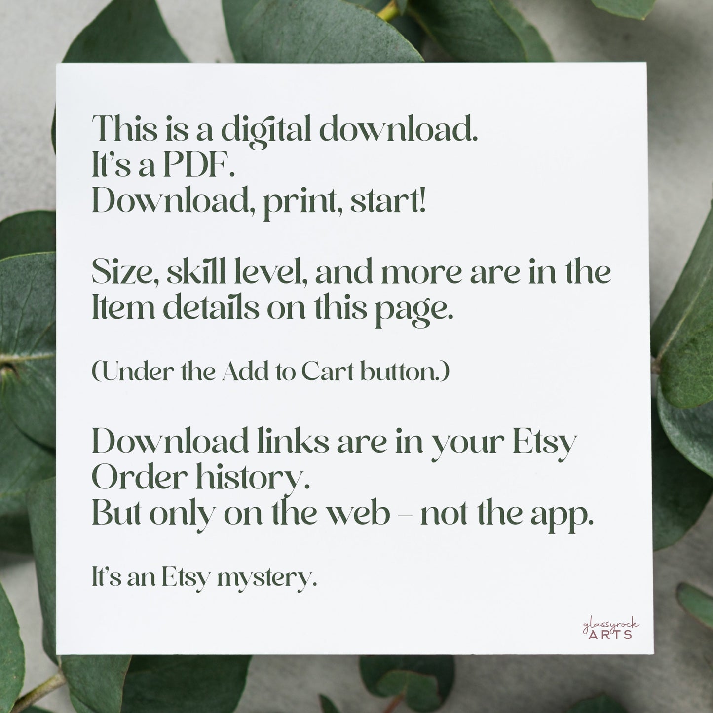 A note on a leafy background provides digital download instructions for a PDF of the Snake Stained Glass Pattern Rain Drop, with size and skill level details, and hints at an Etsy app mystery concerning download links.