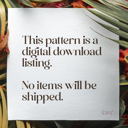 A paper amidst tropical leaves reads: Summer Rose Stained Glass Pattern is a digital download listing. No items will be shipped. A small glacierock ARTS logo captures the allure of the pattern.