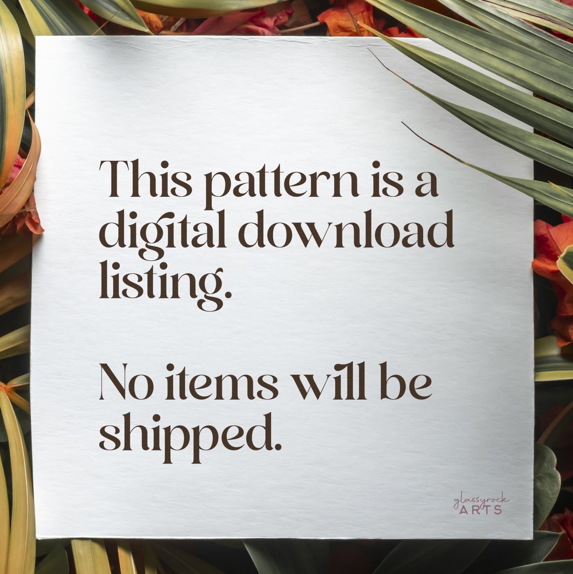 A piece of paper on leafy backdrop states: This listing is for the Retro Arches Stained Glass Pattern digital download. No items will be shipped.